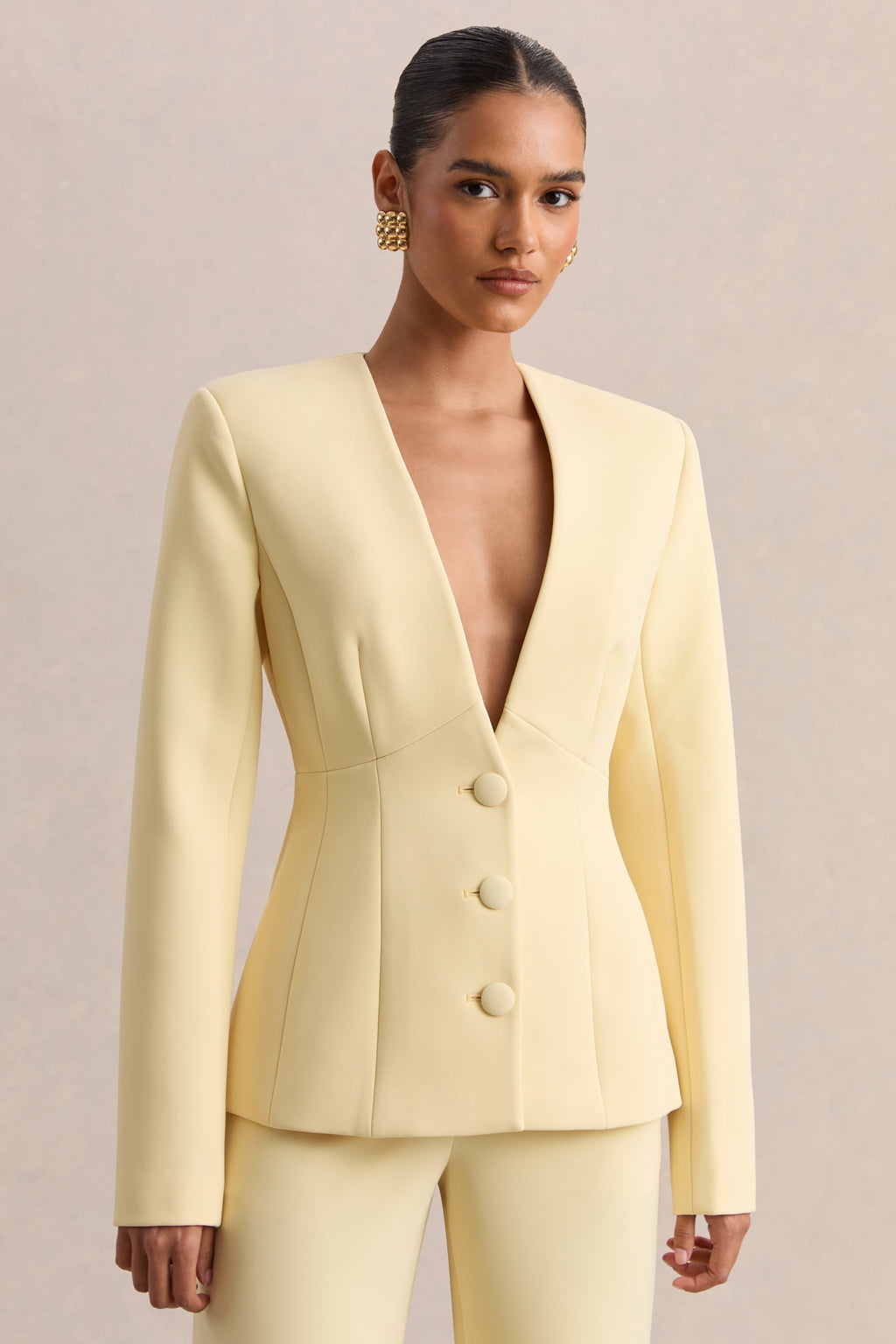 Rosalina | Lemon Extreme-Plunge Neck Tailored Blazer