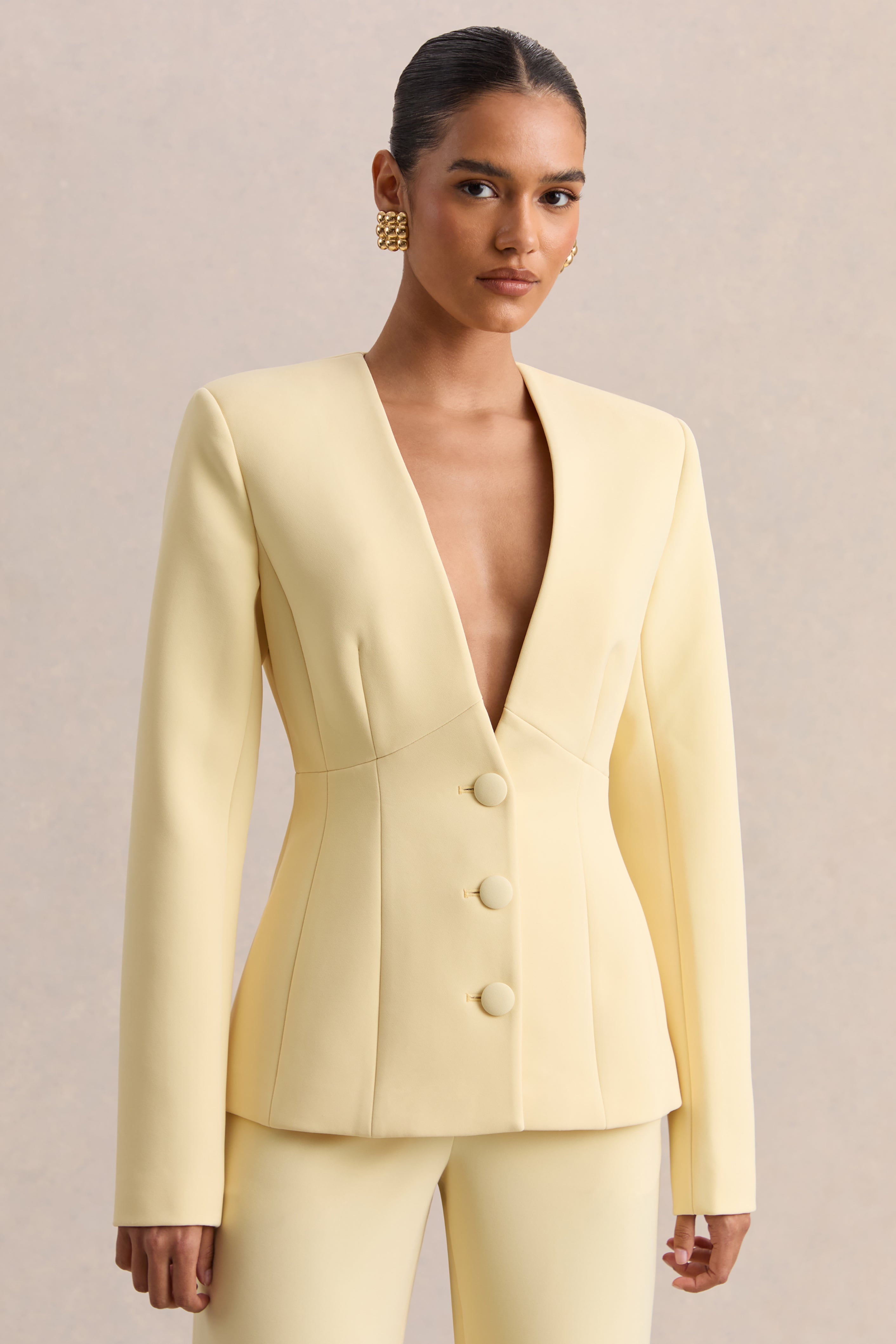 Rosalina | Lemon Extreme-Plunge Neck Tailored Blazer