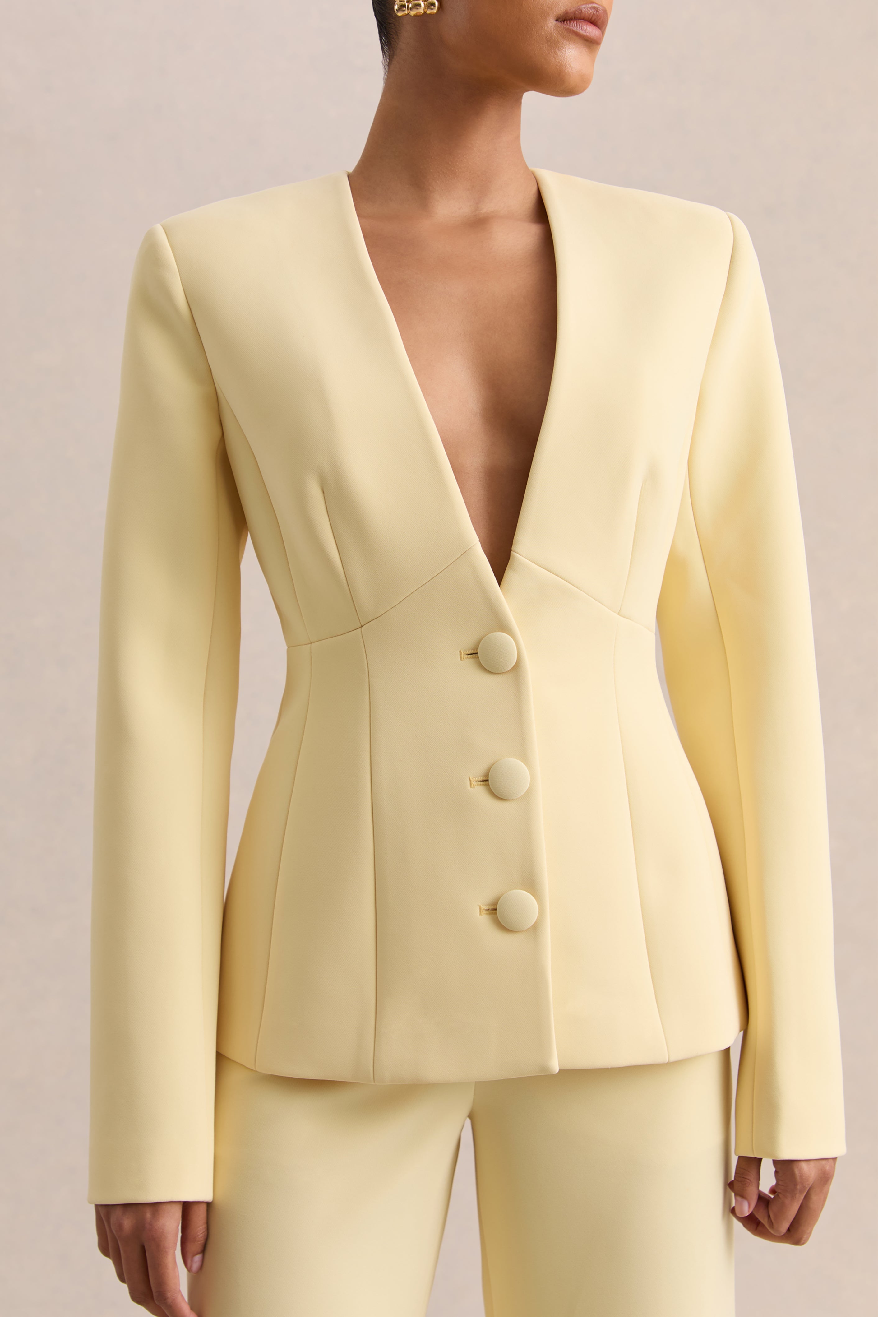 Rosalina | Lemon Extreme-Plunge Neck Tailored Blazer