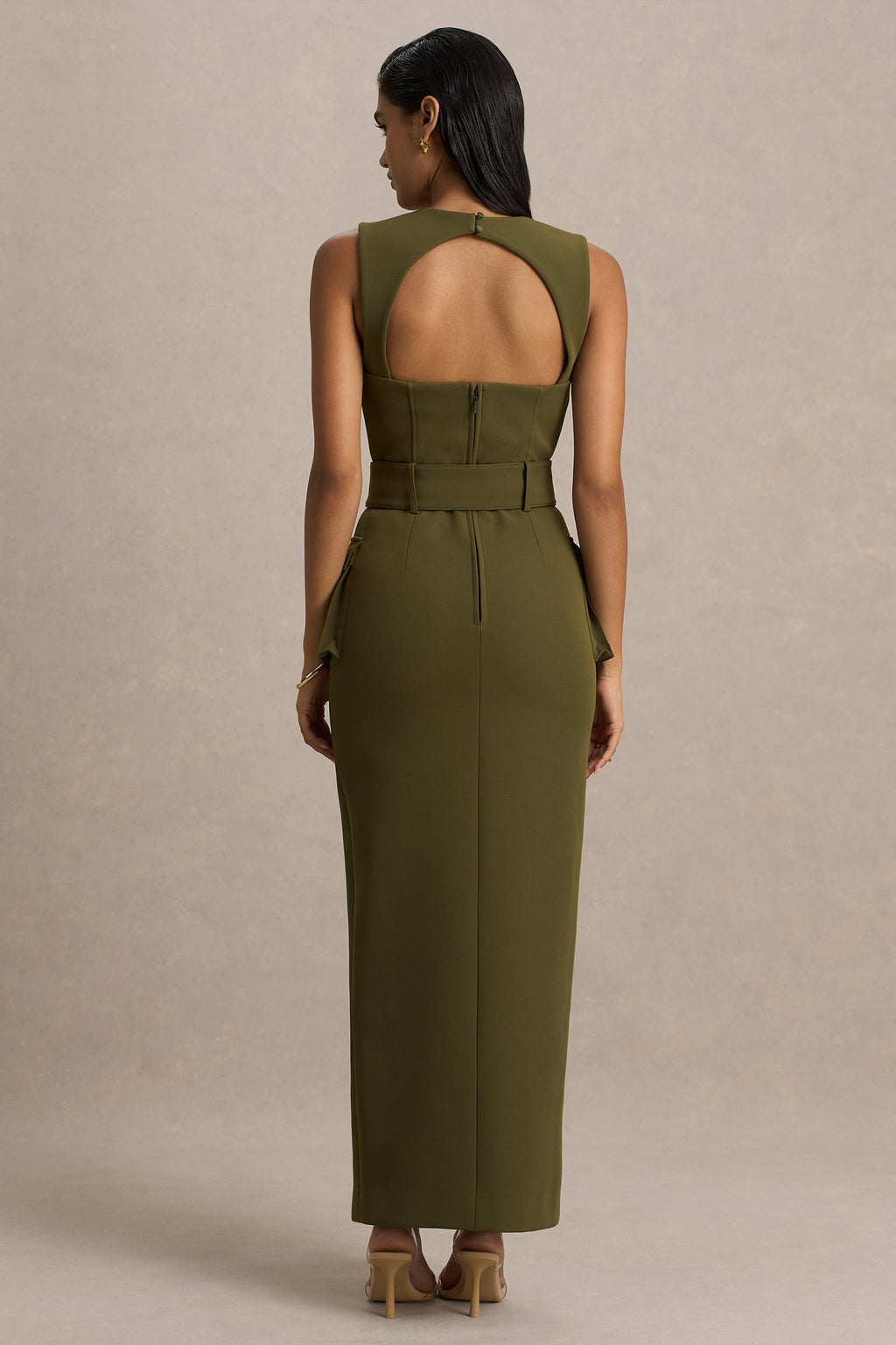 Sandra | Olive Square-Neck Tailored Maxi Dress With Front-High Split