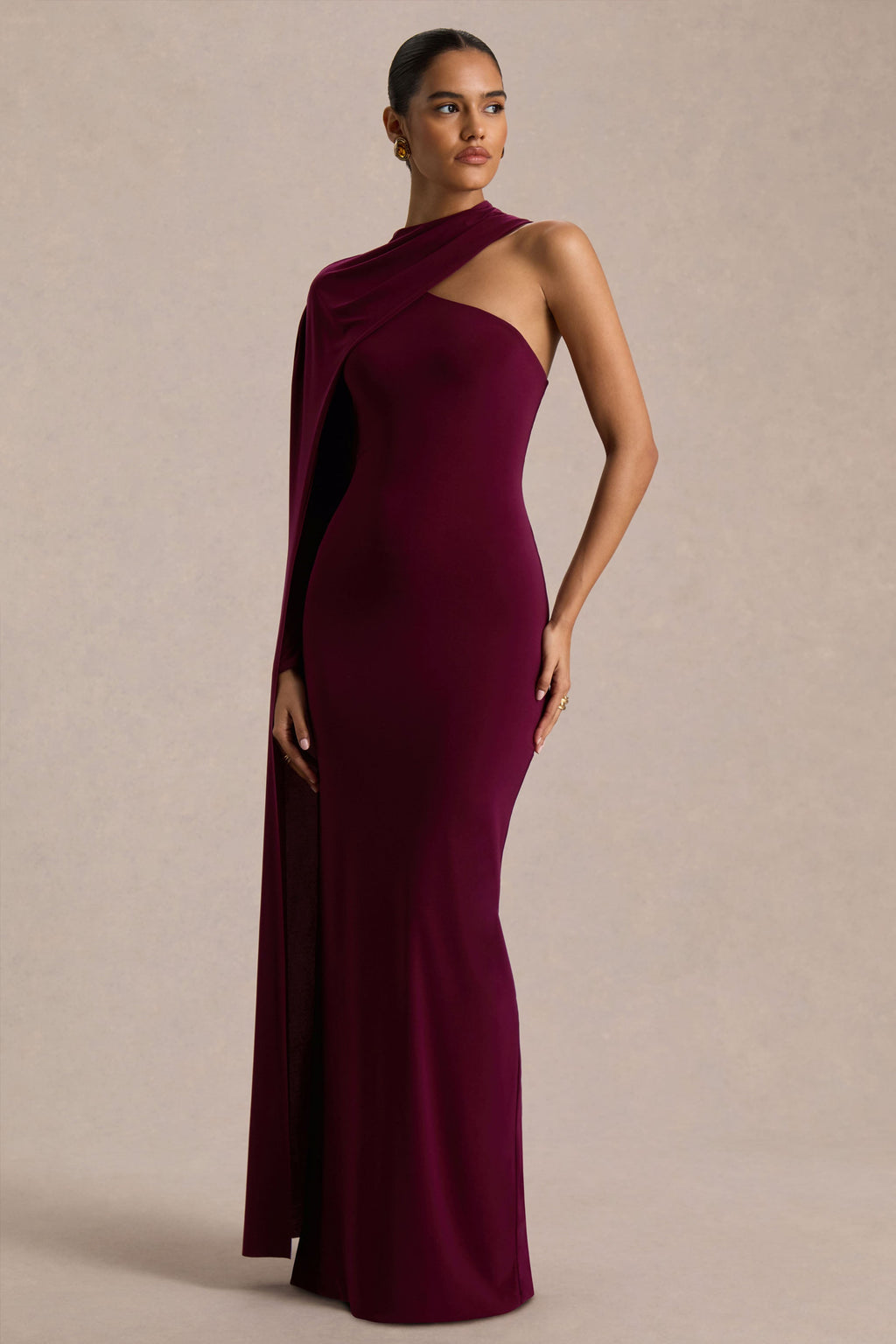 Dawn | Burgundy Asymmetric-Neck Maxi Dress With One Long-Sleeve And Cape