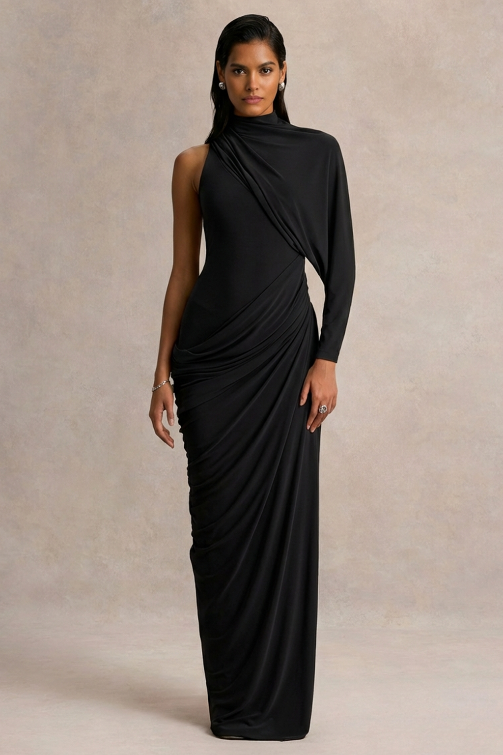 Aphra | Black High-Neck Maxi Dress With Cape-Sleeve