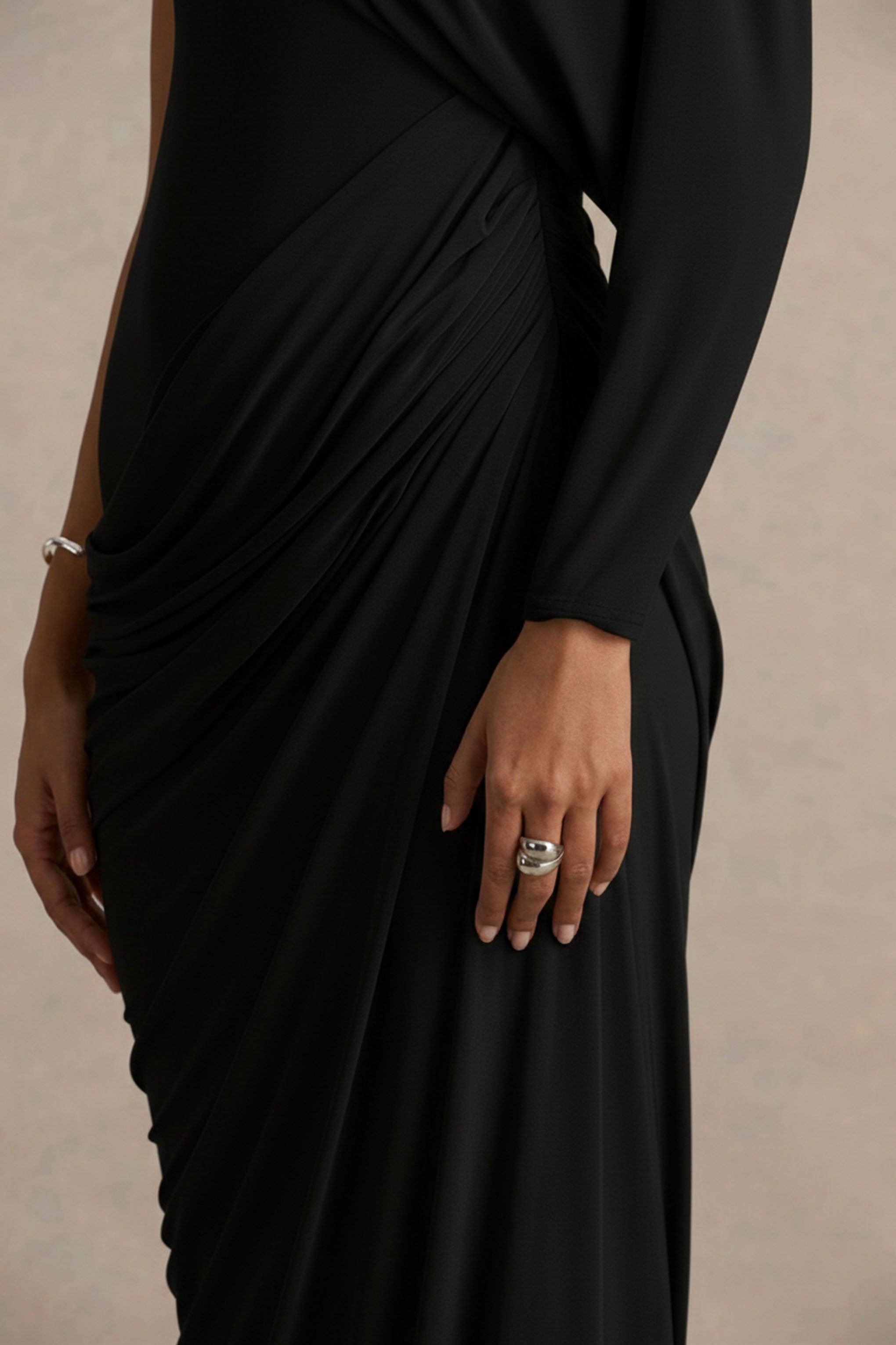 Aphra | Black High-Neck Maxi Dress With Cape-Sleeve