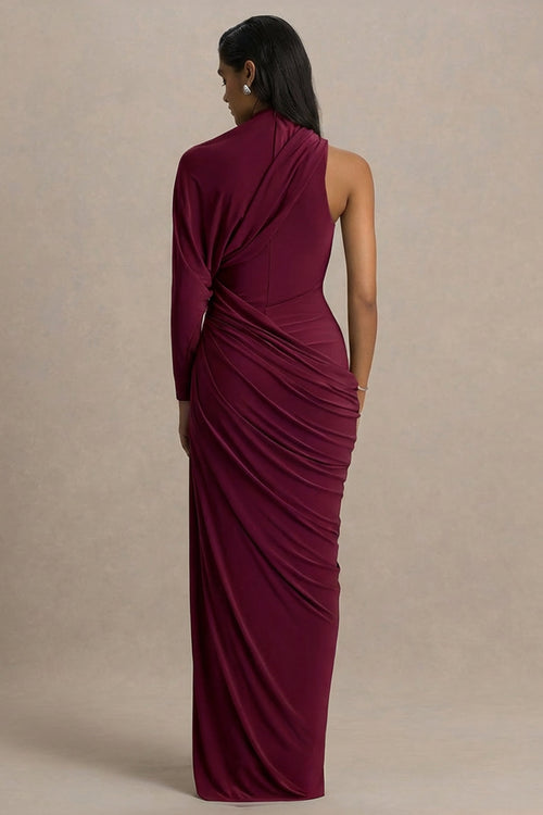 Aphra | Burgundy High-Neck Maxi Dress With Cape-Sleeve