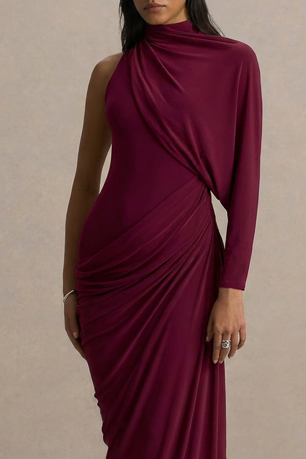 Aphra | Burgundy High-Neck Maxi Dress With Cape-Sleeve