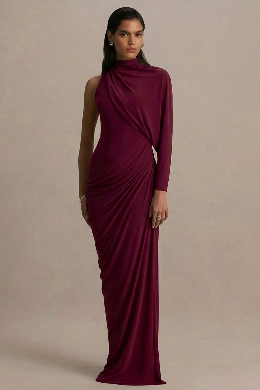 Aphra | Burgundy High-Neck Maxi Dress With Cape-Sleeve