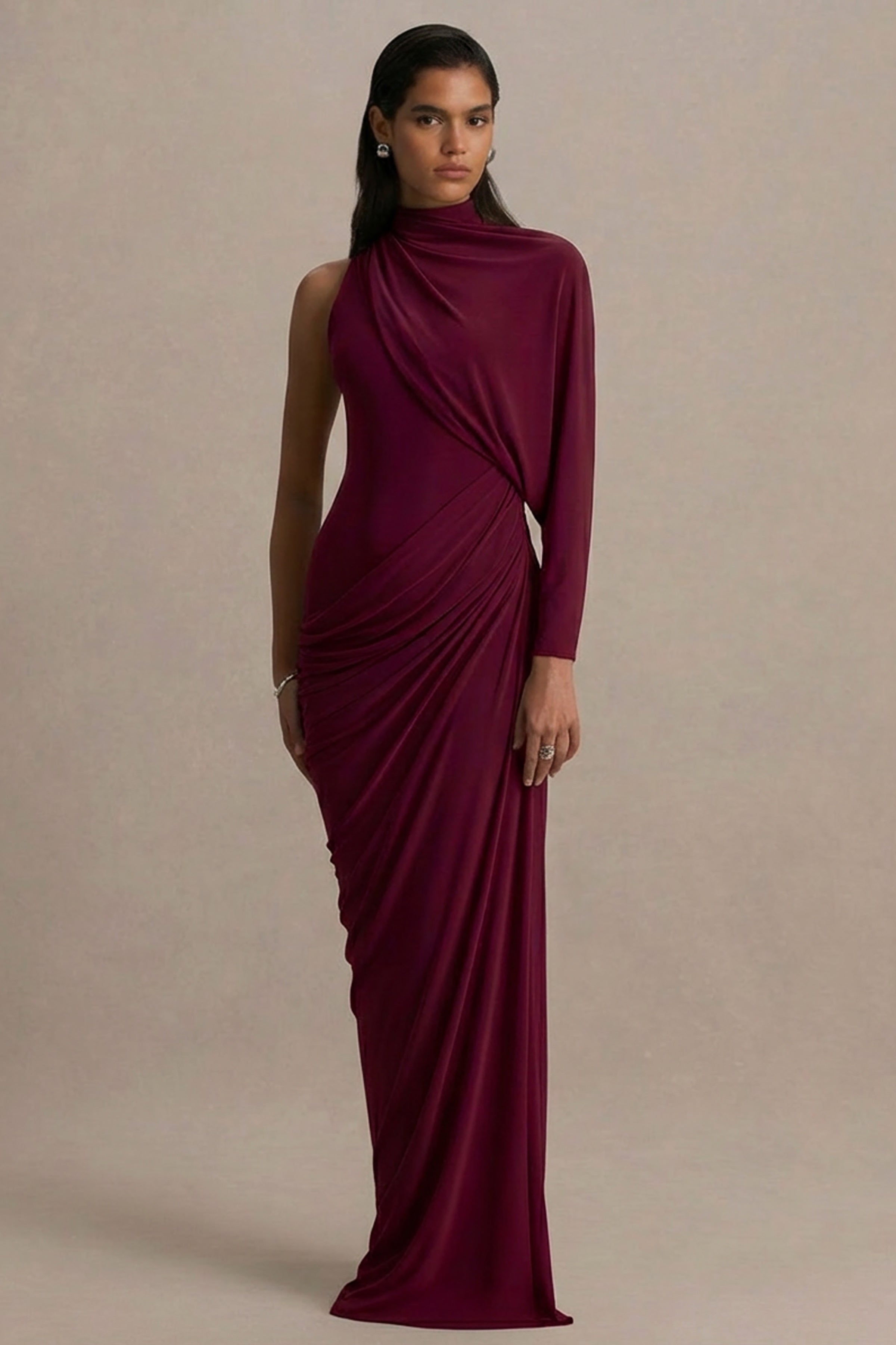 Aphra | Burgundy High-Neck Maxi Dress With Cape-Sleeve