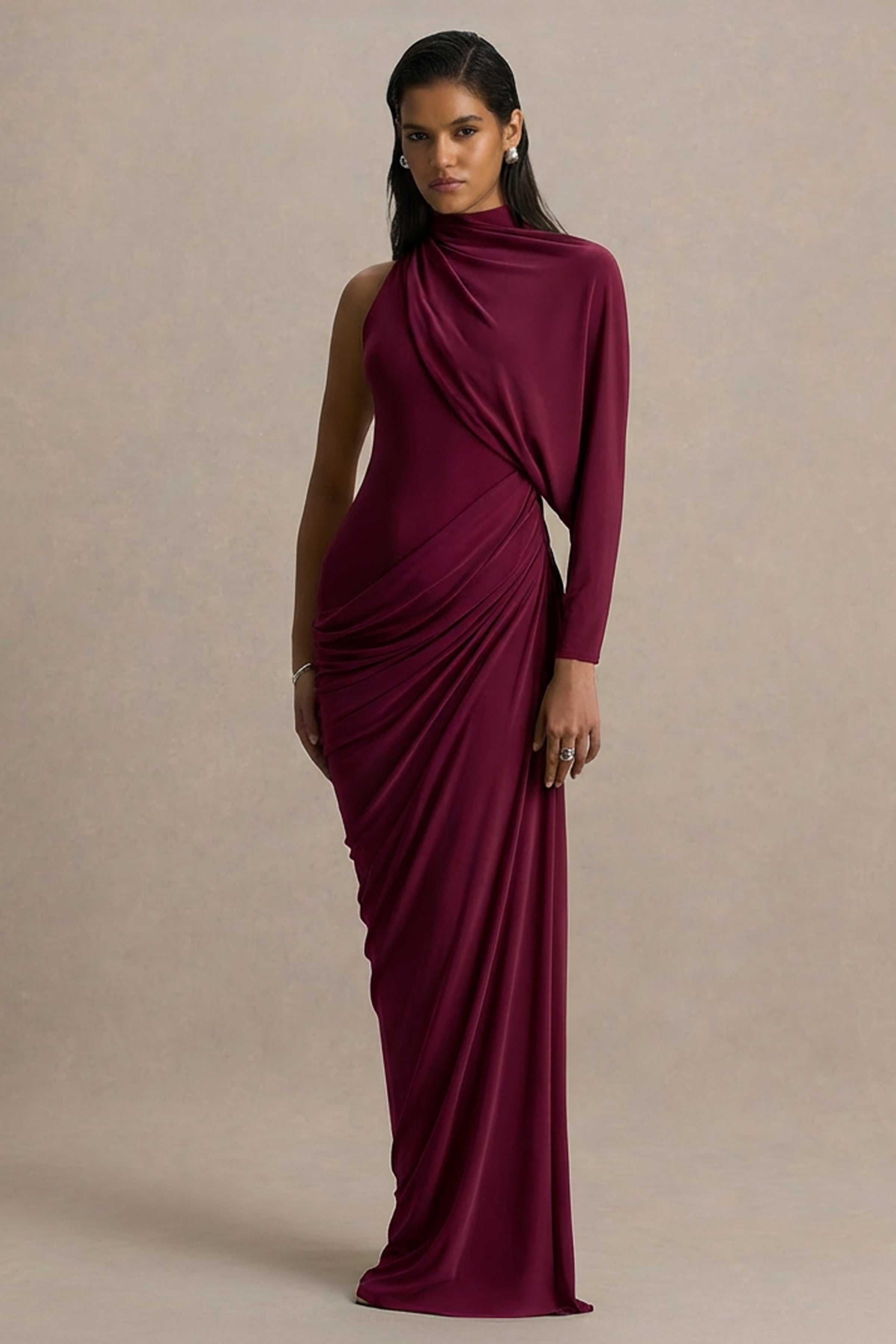 Aphra | Burgundy High-Neck Maxi Dress With Cape-Sleeve