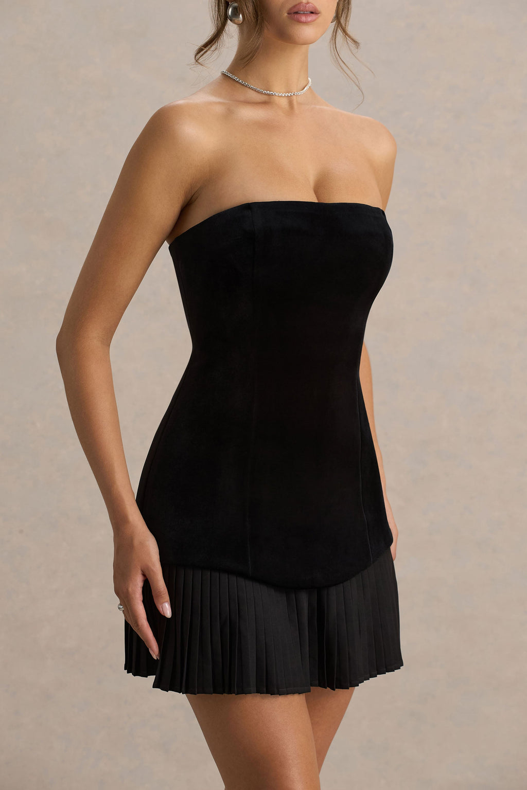 Valentina | Black Velvet Bandeau Mini Dress With Pleated Detailing