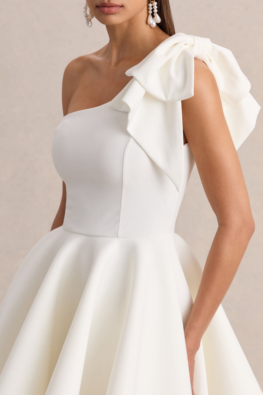 Prosperity | White Asymmetric-Neck Mini Dress With Bow Detail