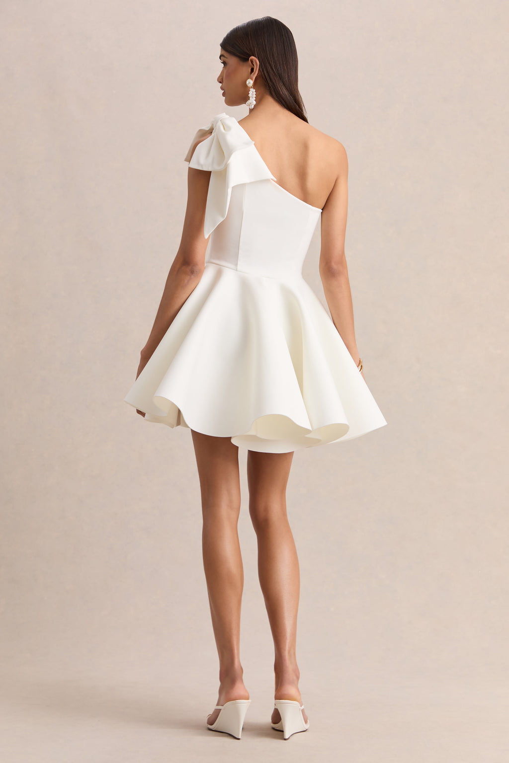 Prosperity | White Asymmetric-Neck Mini Dress With Bow Detail
