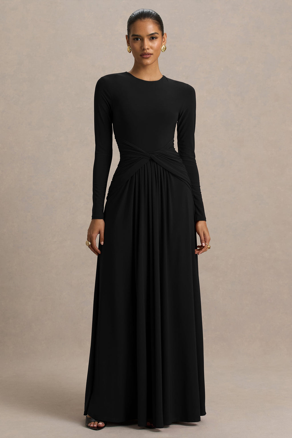 Estrella | Black High-Neck Maxi Dress With Ruched Detailing