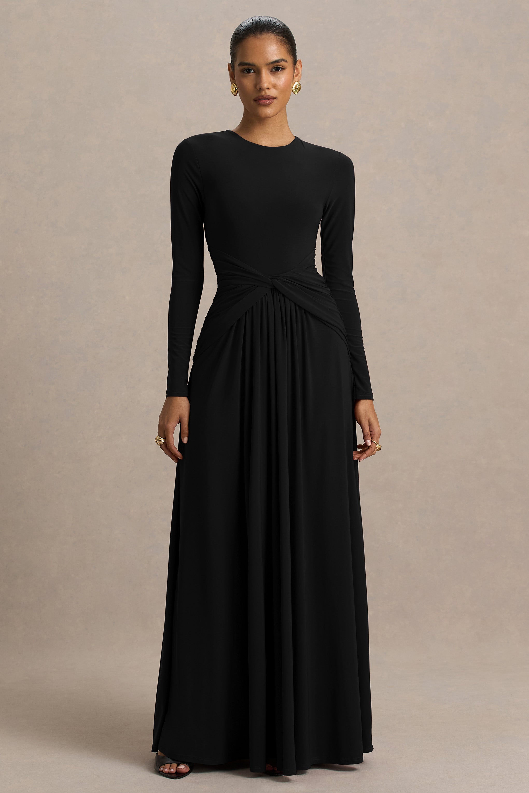 Estrella | Black High-Neck Maxi Dress With Ruched Detailing