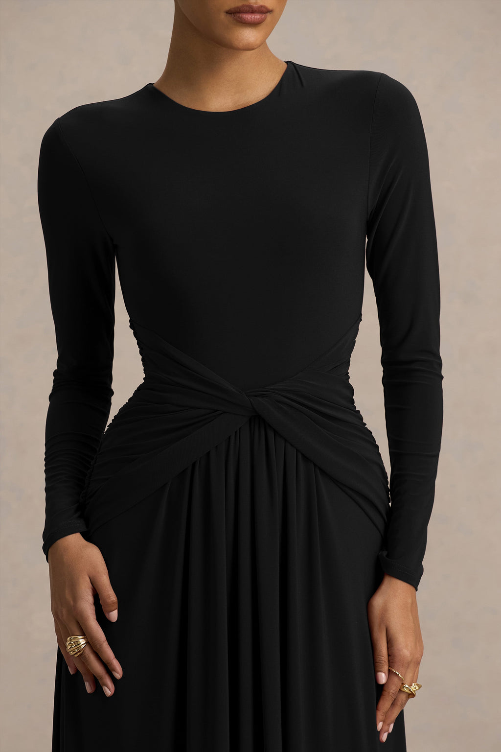 Estrella | Black High-Neck Maxi Dress With Ruched Detailing