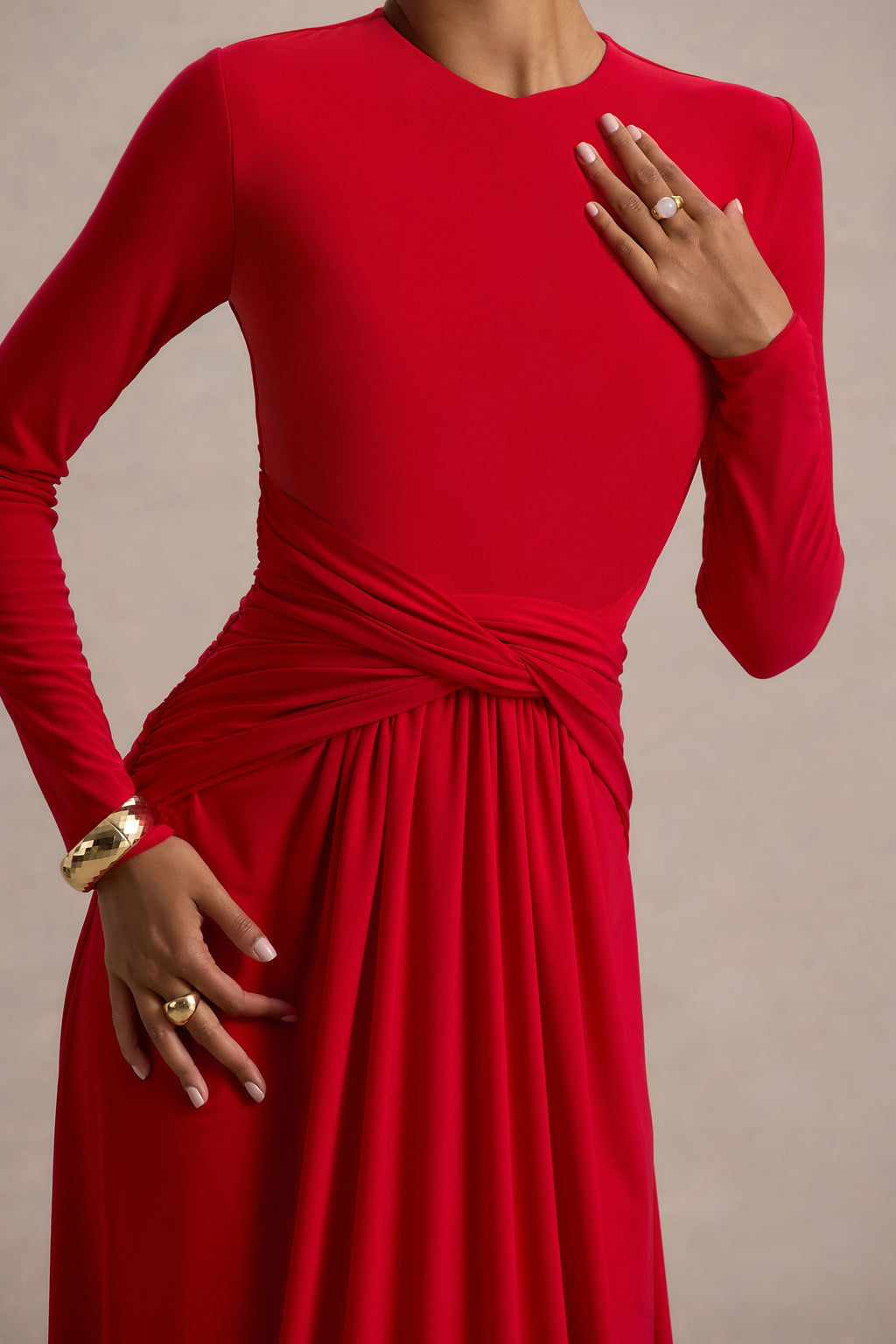 Estrella | Red High-Neck Maxi Dress With Ruched Detailing