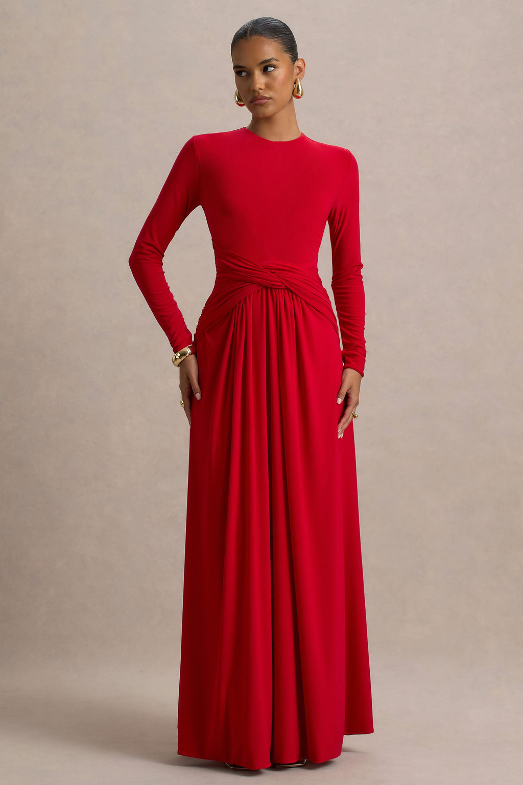 Estrella | Red High-Neck Maxi Dress With Ruched Detailing