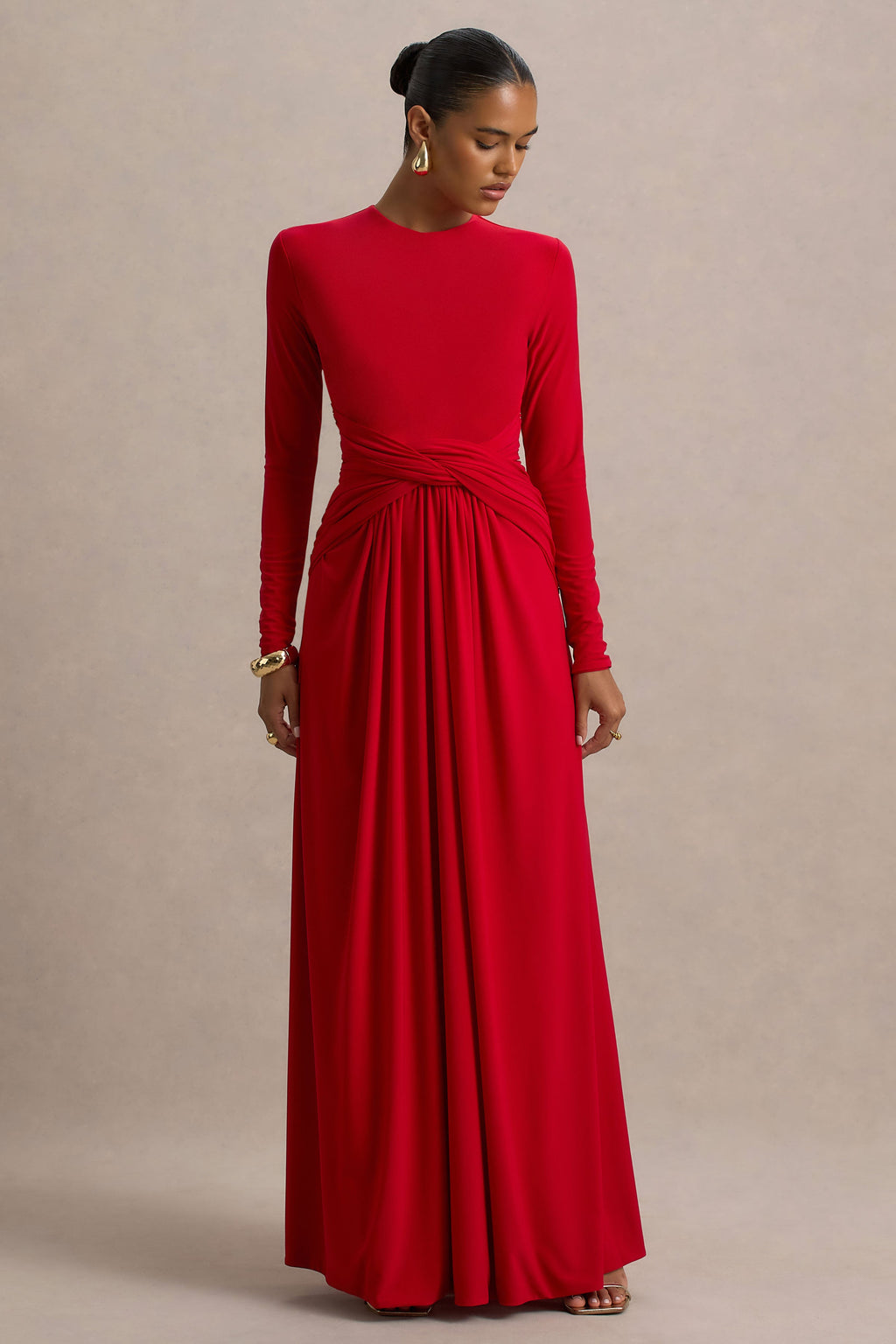 Estrella | Red High-Neck Maxi Dress With Ruched Detailing