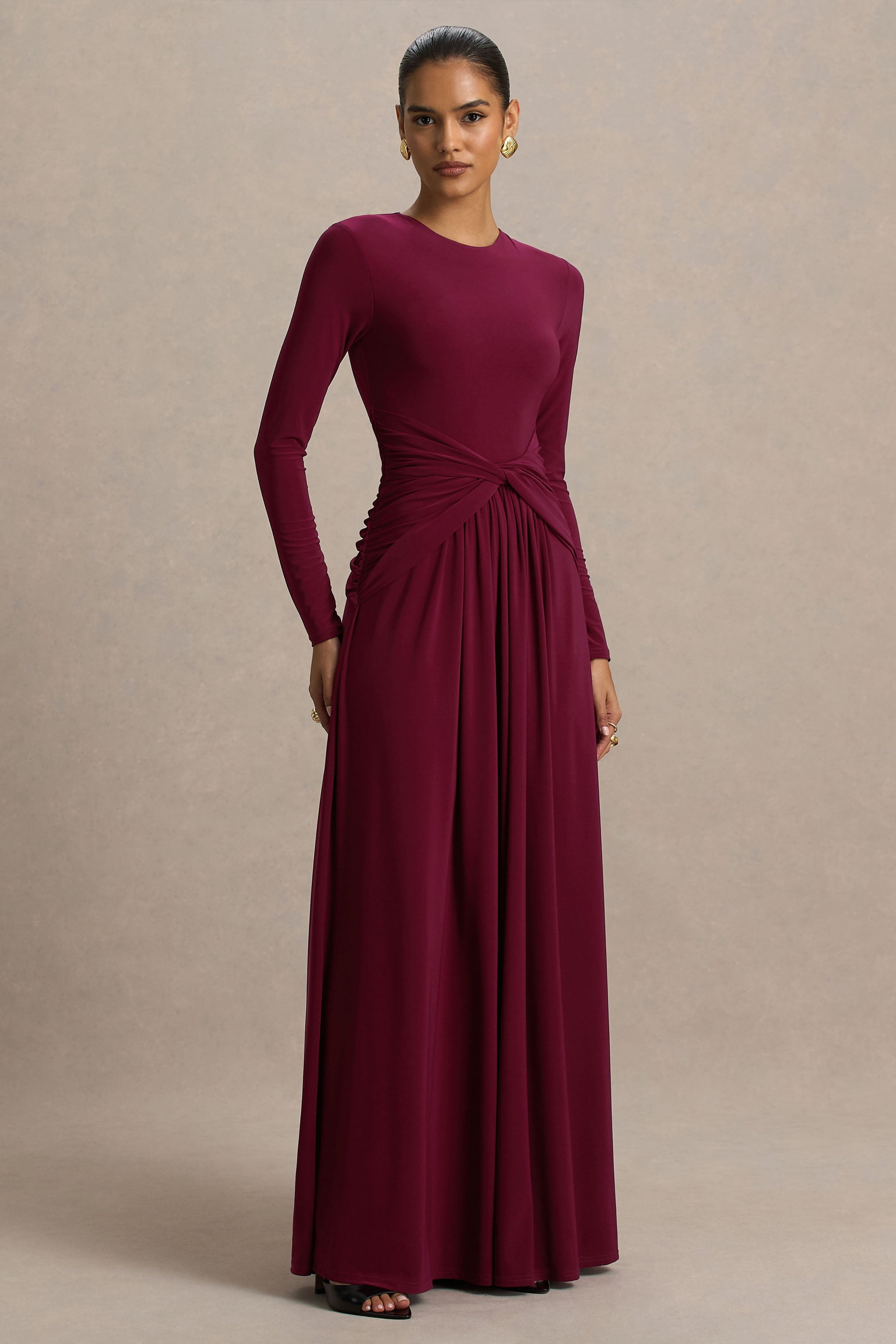 Estrella | Berry High-Neck Maxi Dress With Ruched Detailing