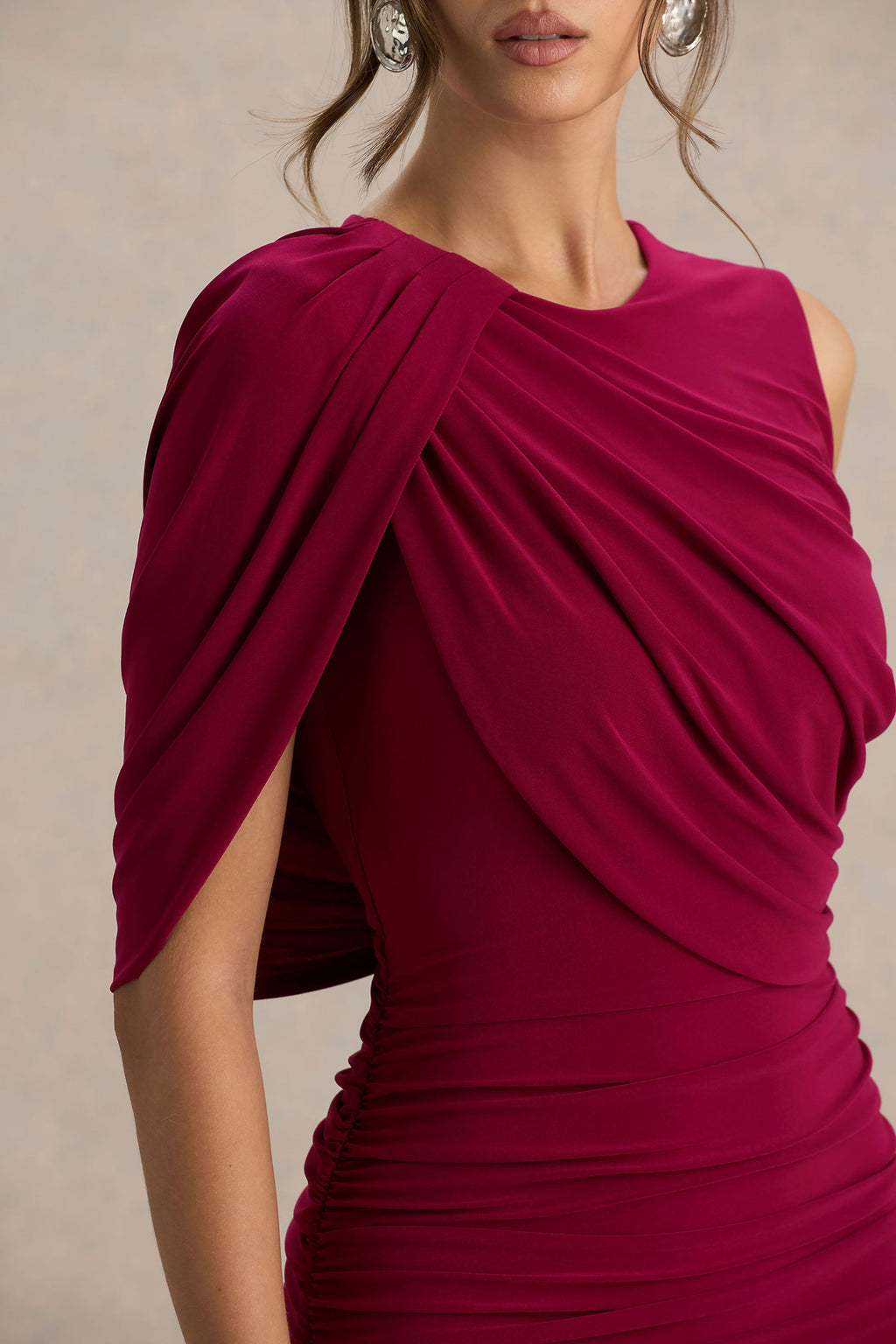 Missy | Burgundy Mini Dress With Cape-Sleeve And Ruched Detailing
