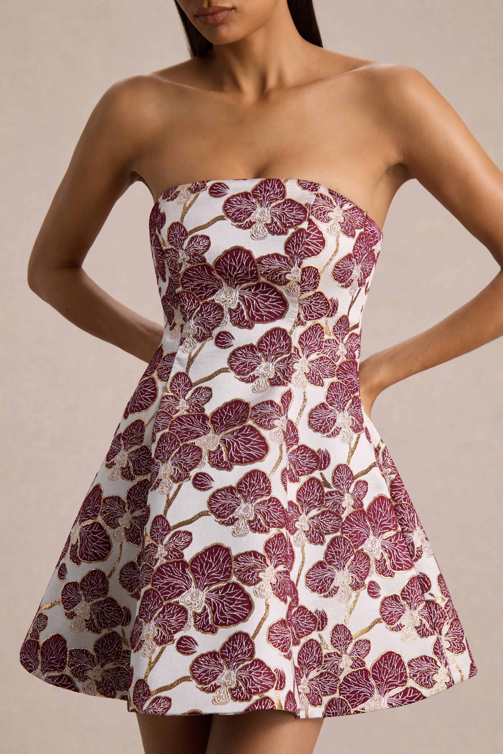 Federica | Burgundy And Gold Jacquard Bandeau A-Line Mini Dress