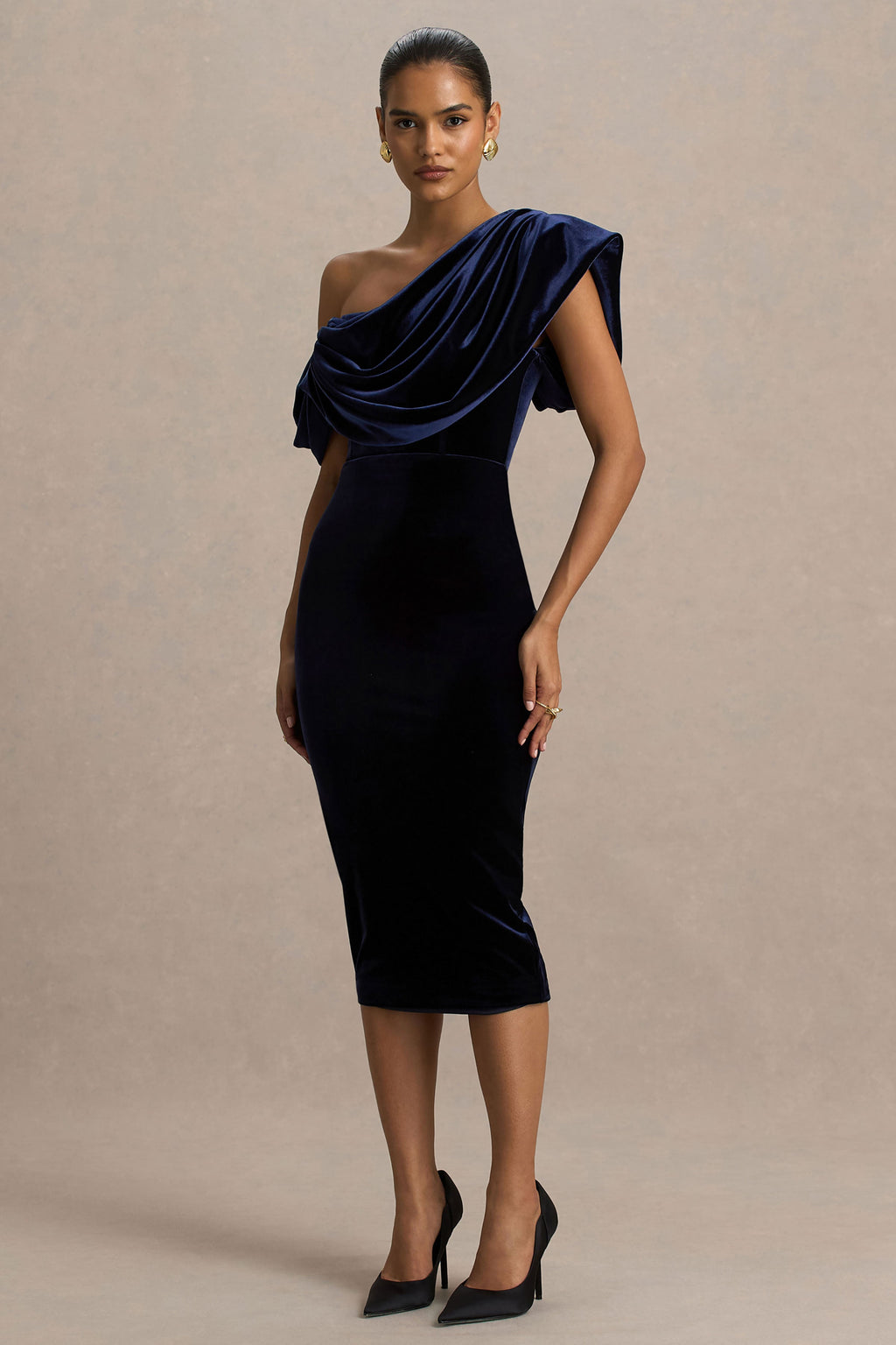 High End | Navy Velvet Asymmetric-Neck Midi Dress With Draped Detailing