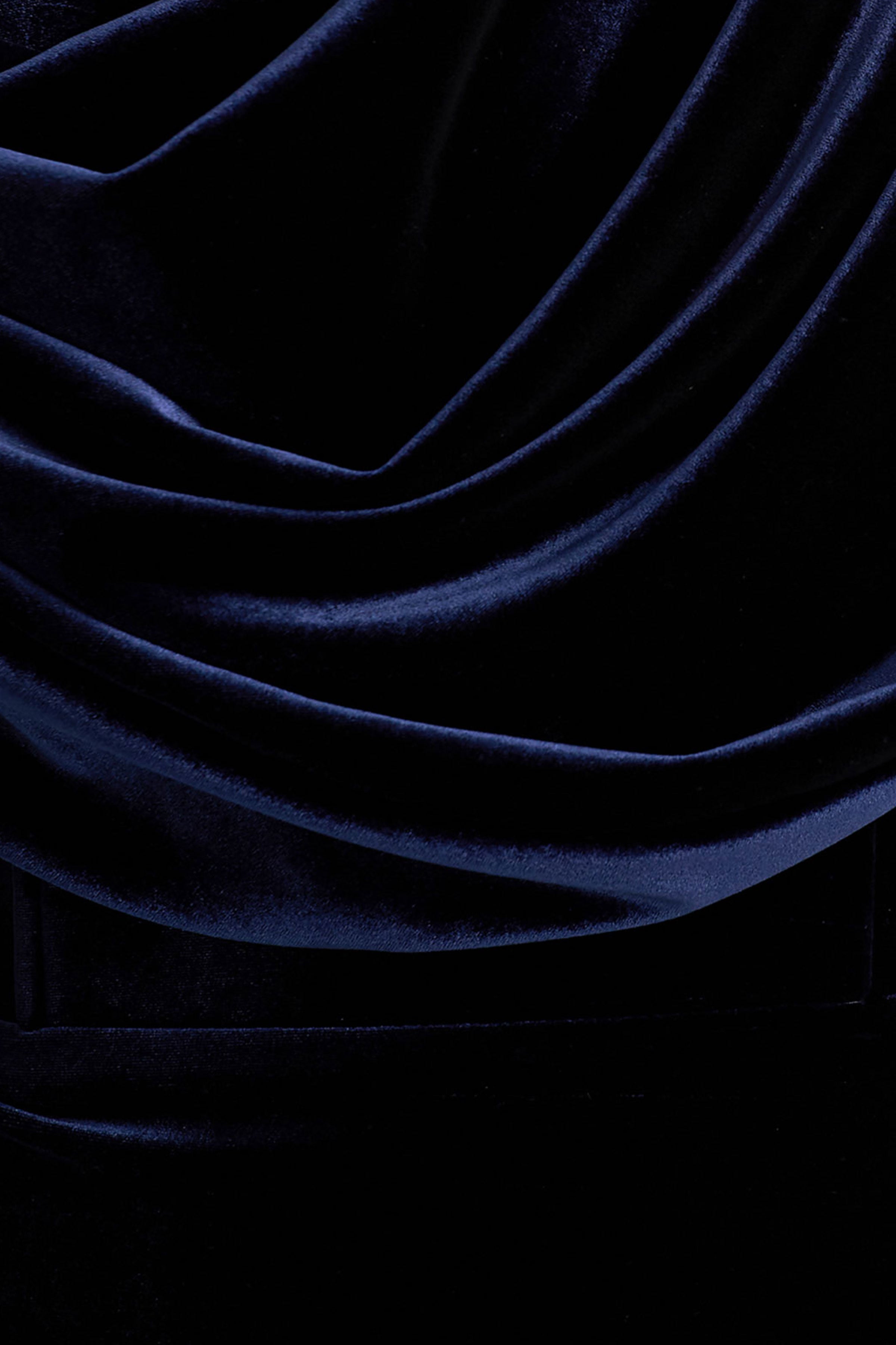 High End | Navy Velvet Asymmetric-Neck Midi Dress With Draped Detailing