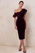 High End | Burgundy Velvet Asymmetric-Neck Midi Dress With Draped Detailing