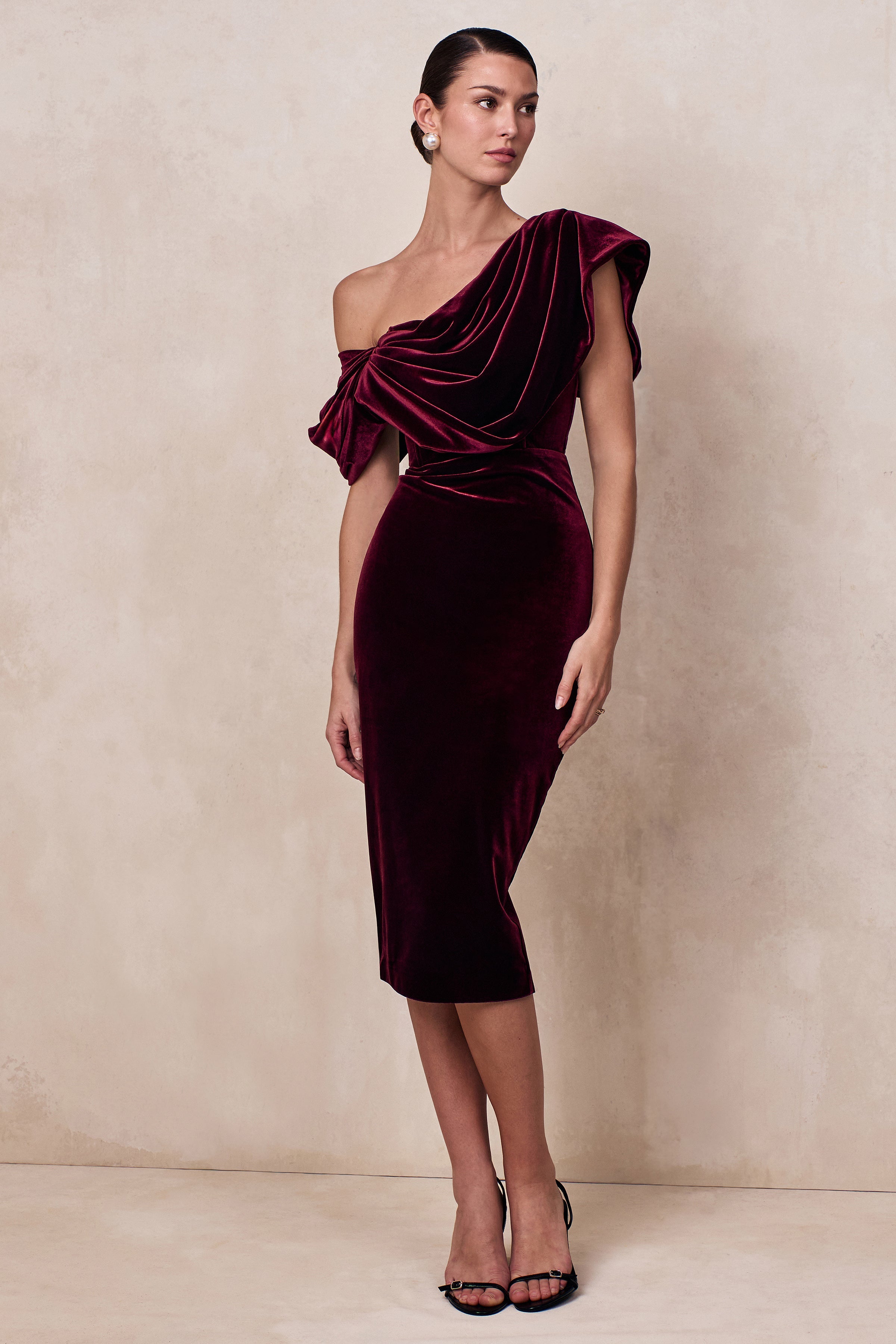 High End | Burgundy Velvet Asymmetric-Neck Midi Dress With Draped Detailing