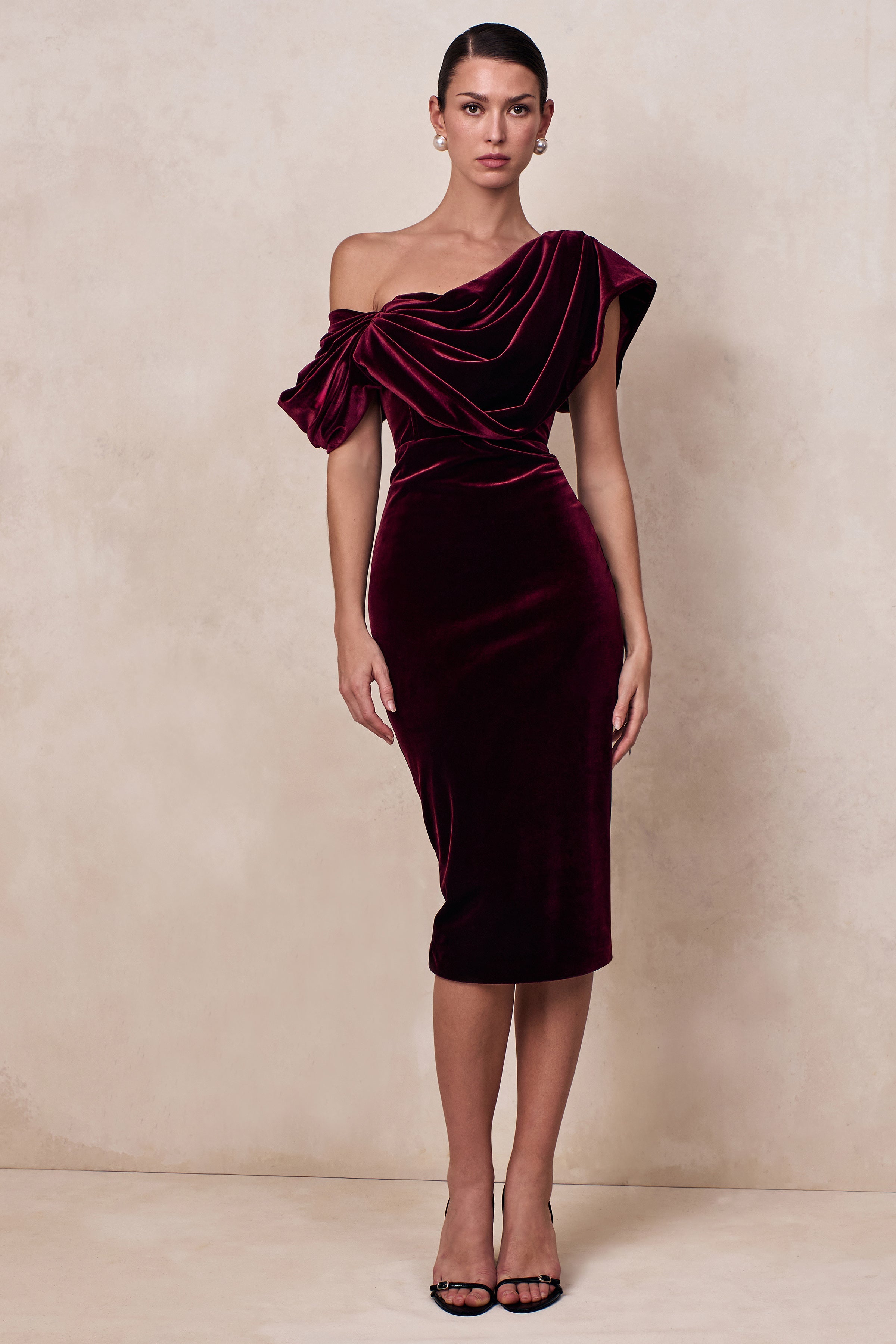 High End | Burgundy Velvet Asymmetric-Neck Midi Dress With Draped Detailing