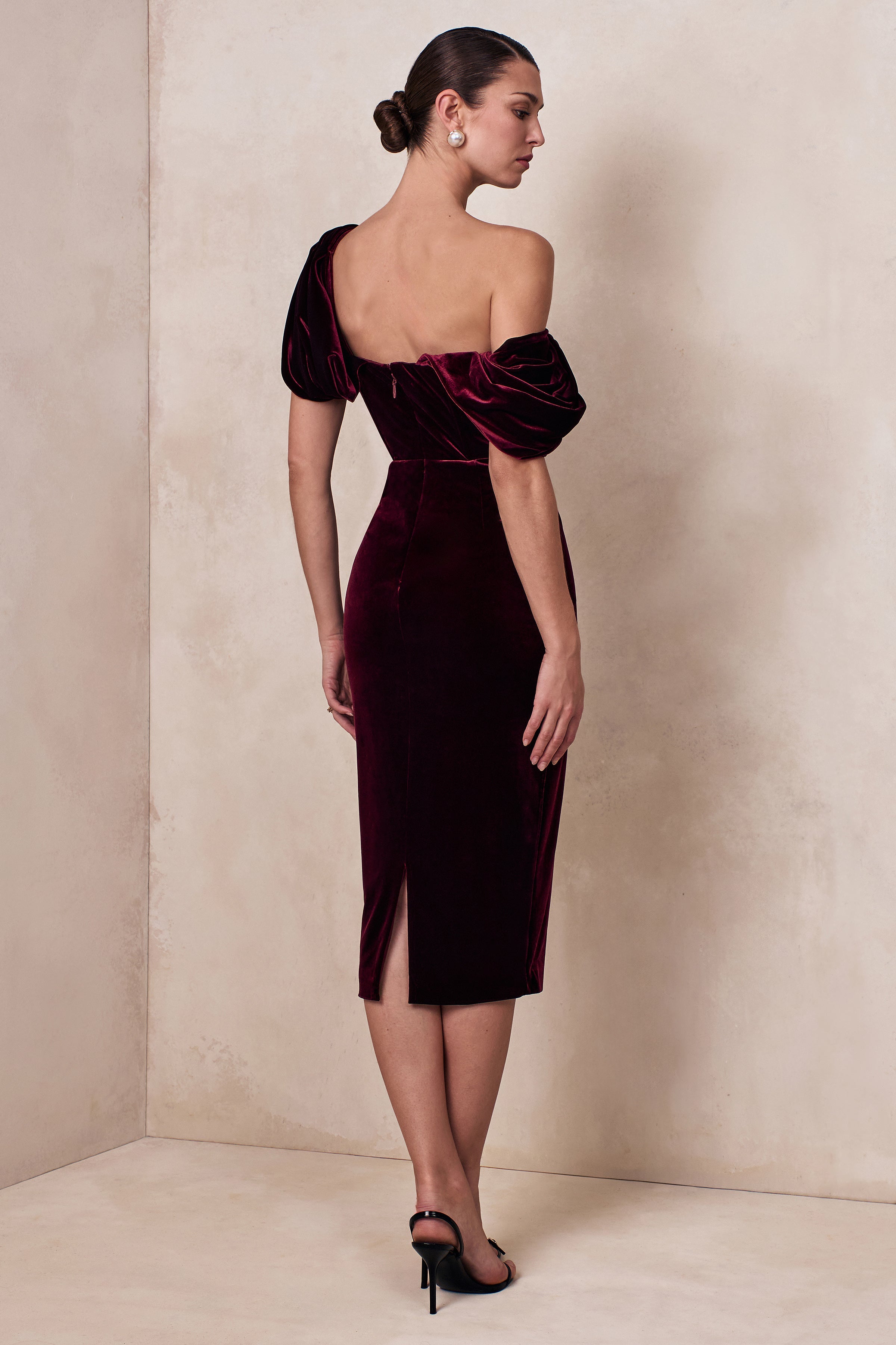 High End | Burgundy Velvet Asymmetric-Neck Midi Dress With Draped Detailing