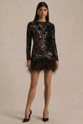 Stardust | Brown Sequined Velvet Crew-Neck Mini Dress With Feather Trim
