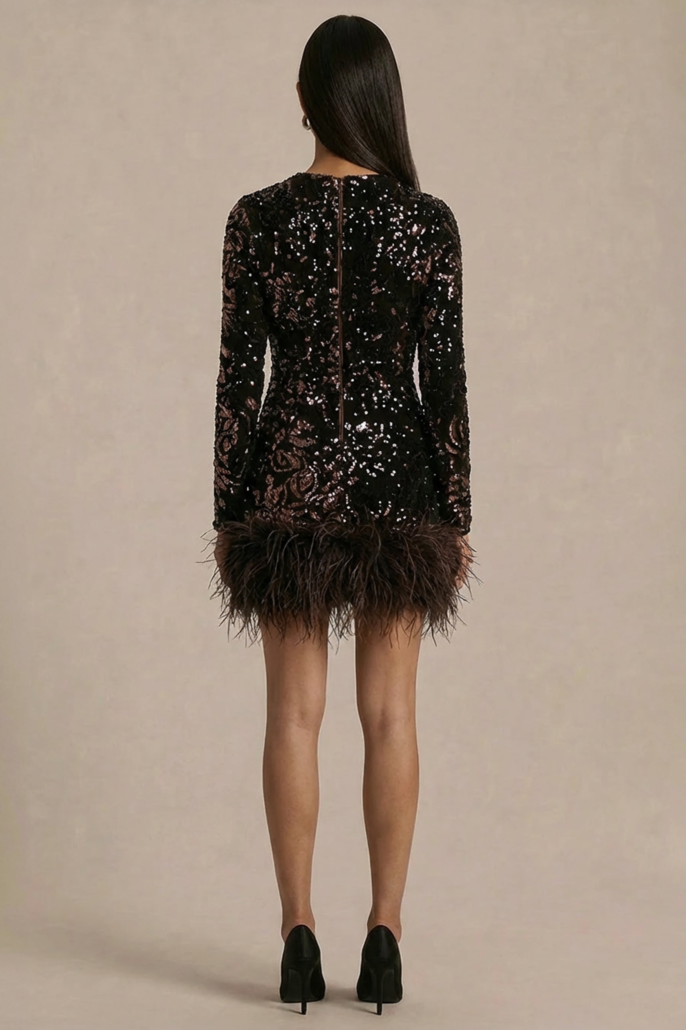Stardust | Brown Sequined Velvet Crew-Neck Mini Dress With Feather Trim