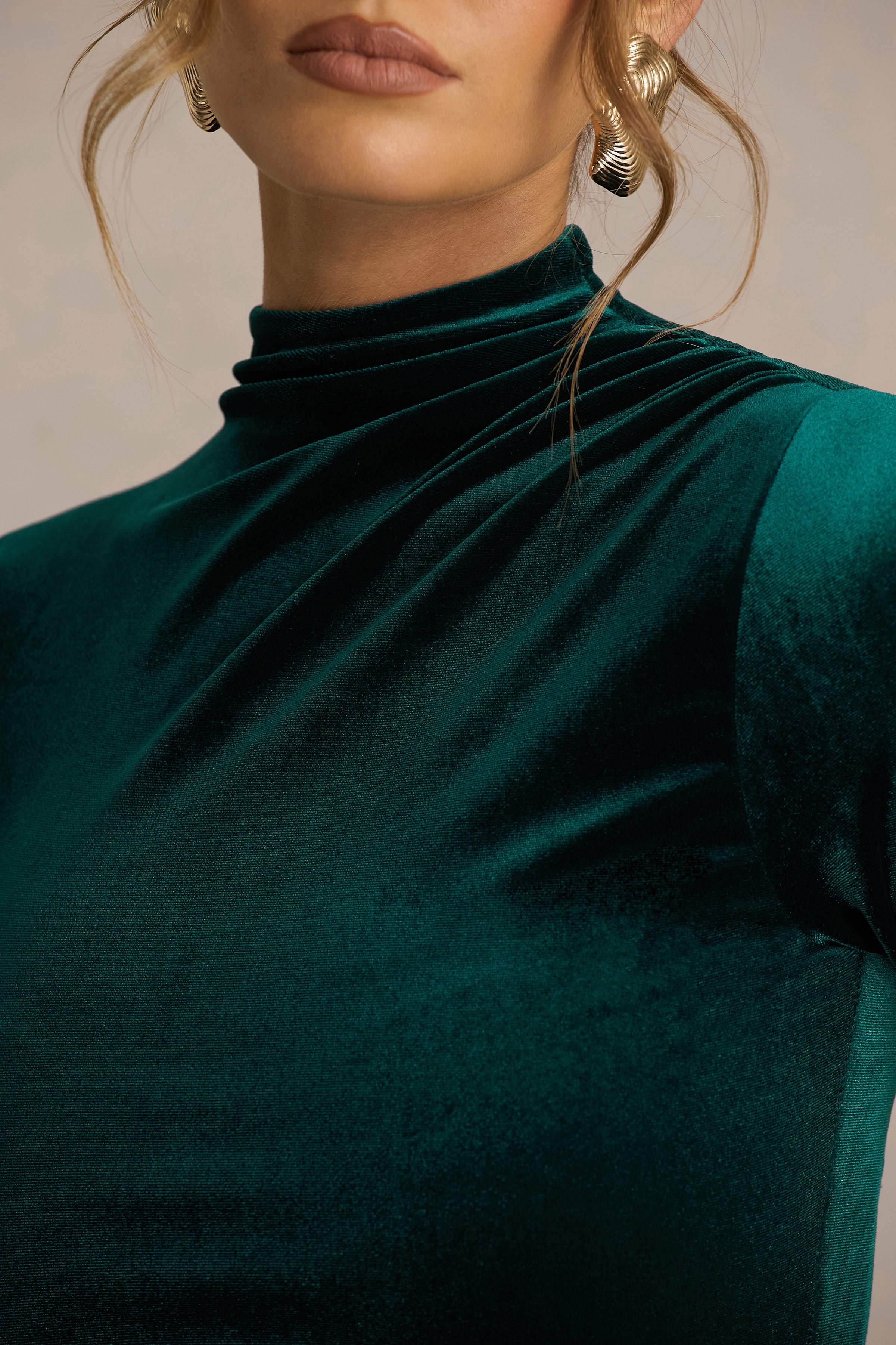 Wishes | Bottle Green Velvet High-Neck Maxi Dress With Wrap Skirt