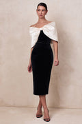 Twilight | Black And White Velvet Bardot-Neck Midi Dress With Oversized Satin Bow