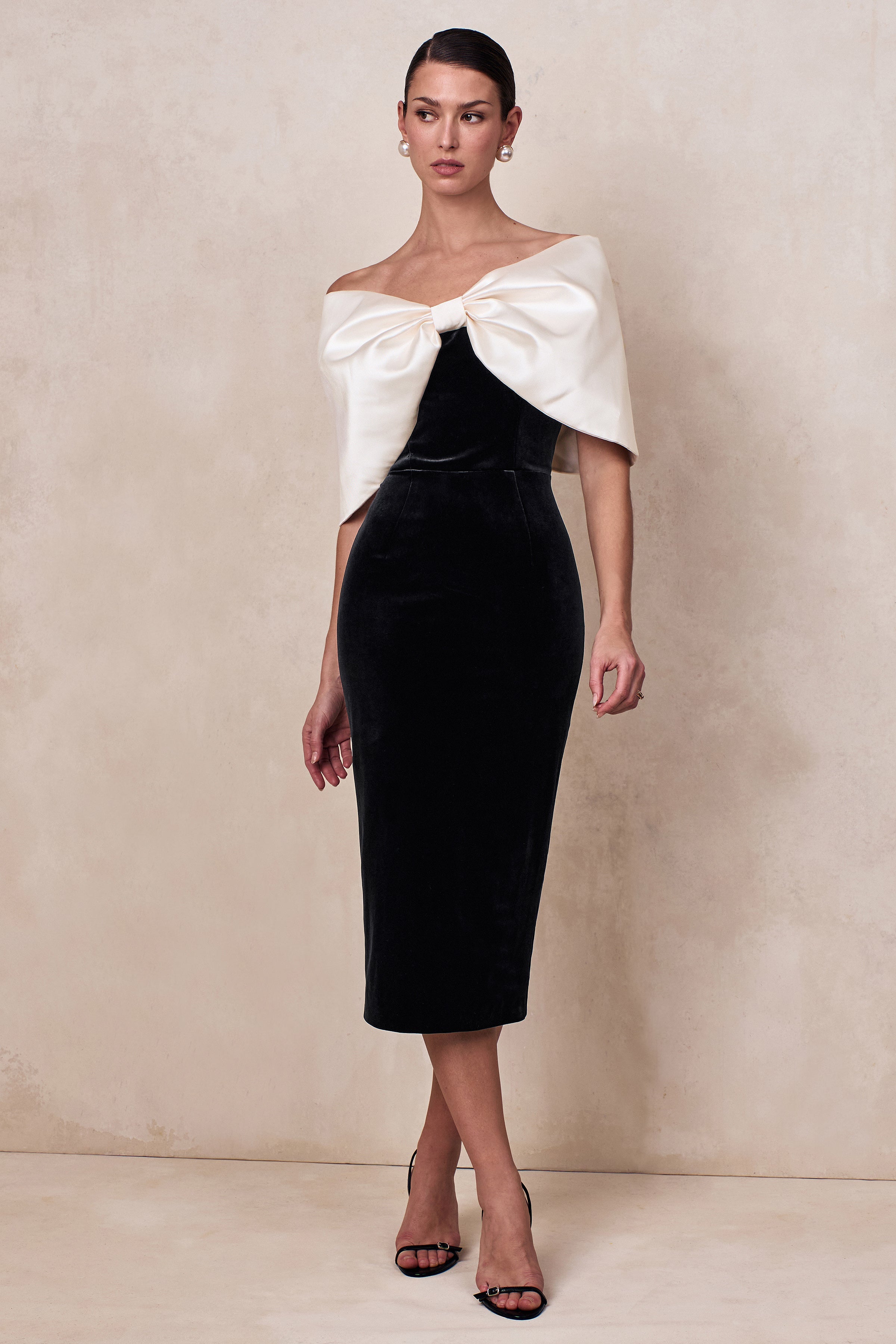 Twilight | Black And White Velvet Bardot-Neck Midi Dress With Oversized Satin Bow
