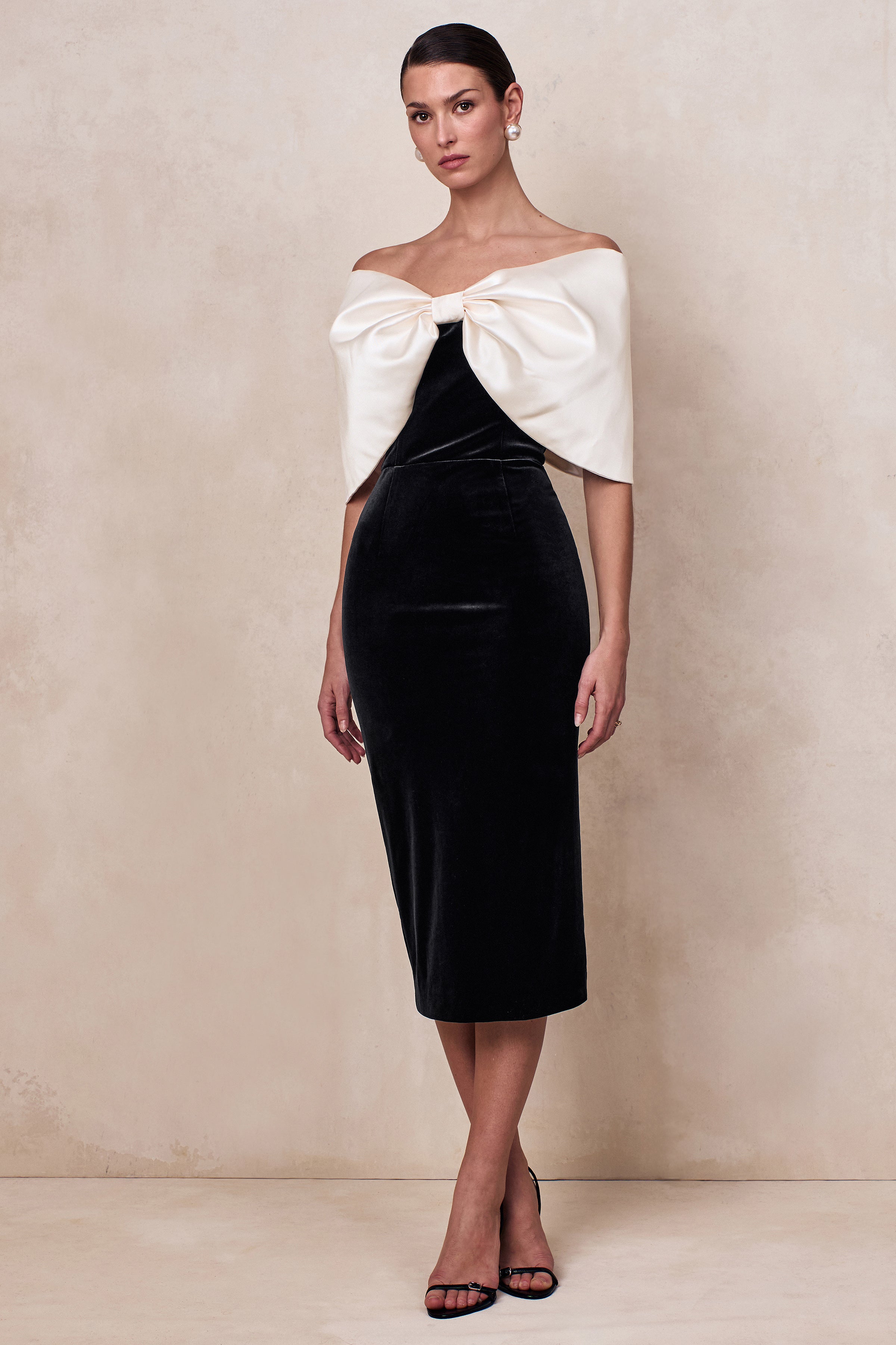 Twilight | Black And White Velvet Bardot-Neck Midi Dress With Oversized Satin Bow