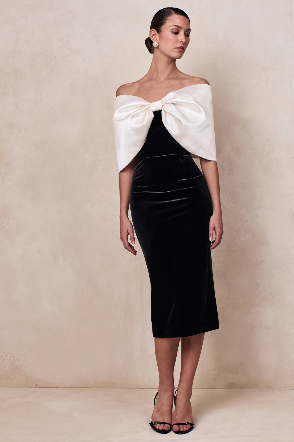 Twilight | Black And White Velvet Bardot-Neck Midi Dress With Oversized Satin Bow