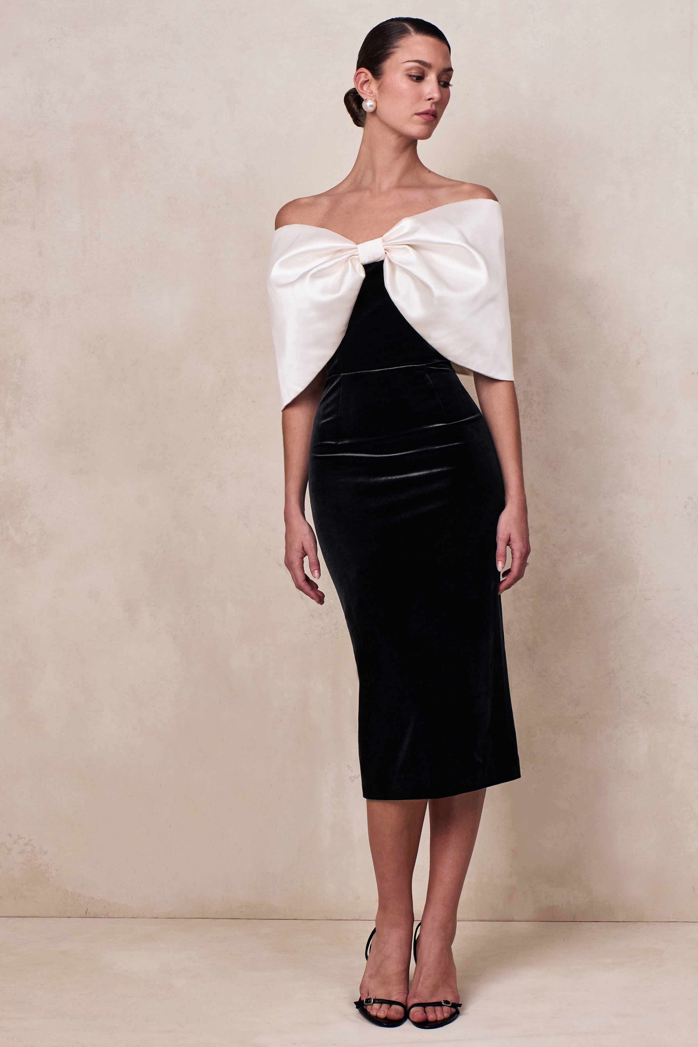 Twilight | Black And White Velvet Bardot-Neck Midi Dress With Oversized Satin Bow