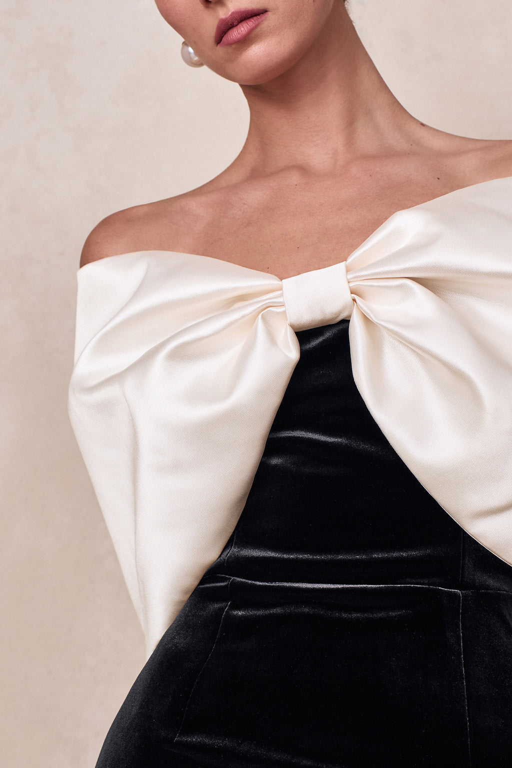 Twilight | Black And White Velvet Bardot-Neck Midi Dress With Oversized Satin Bow