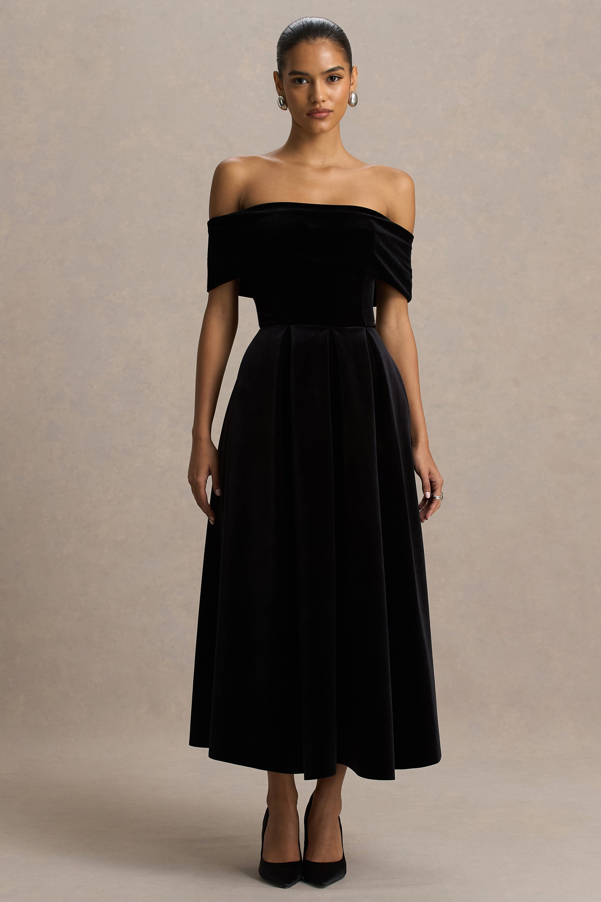 Ablaze | Black Velvet Bardot-Neck Midi Dress