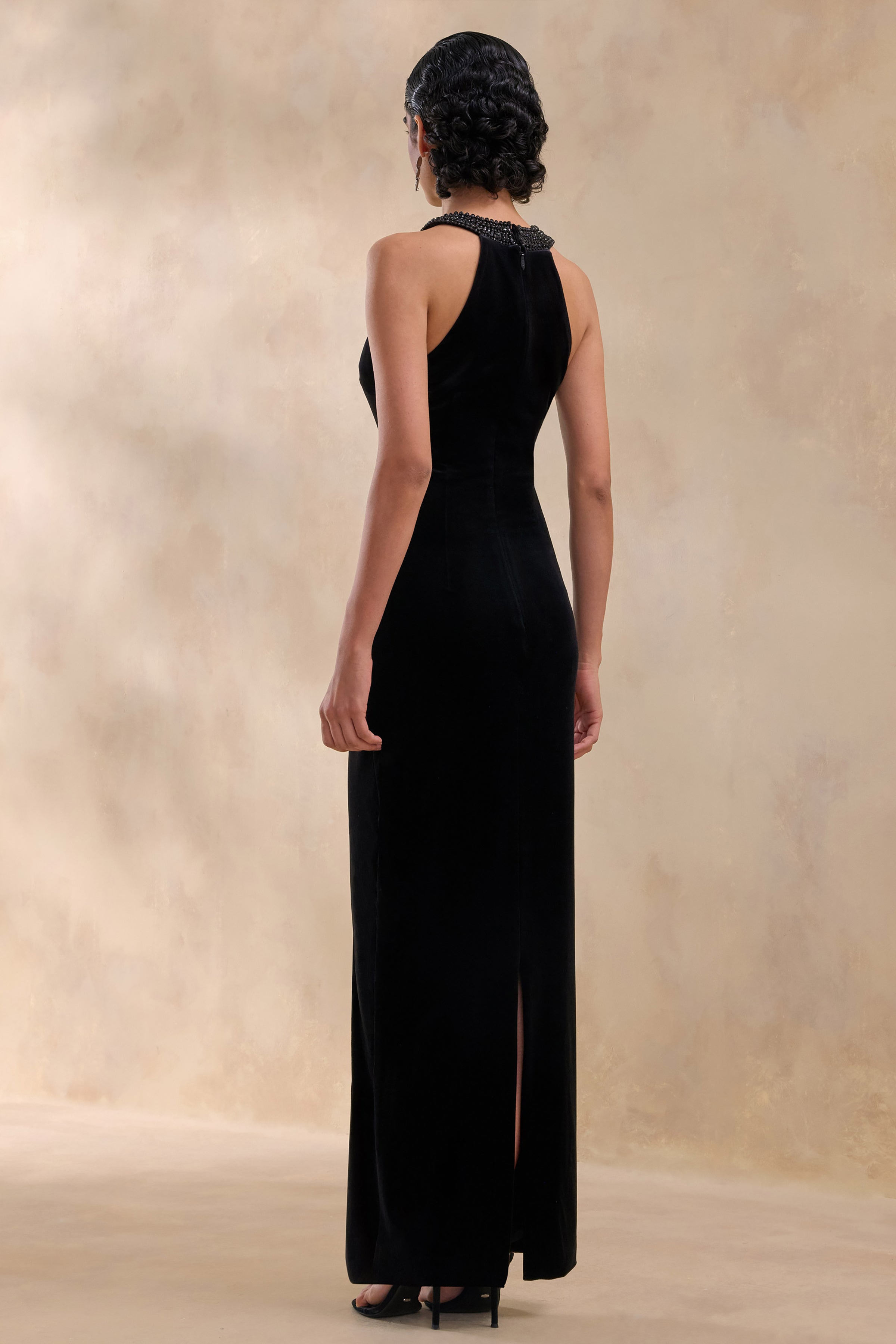 Darya | Black Velvet Embellished High-Neck Maxi Dress