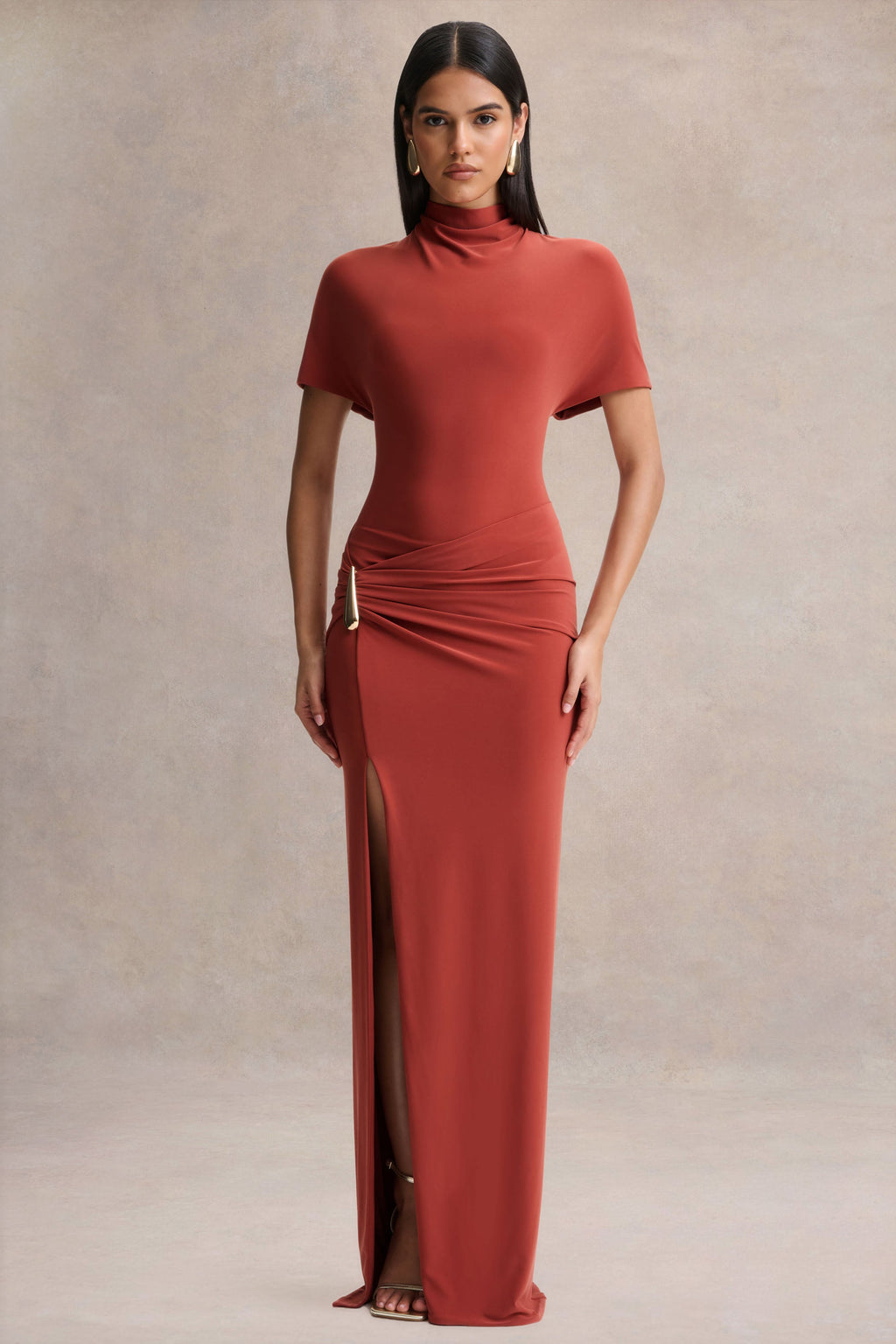 Arlena | Rust High-Neck Wrapped Maxi Dress