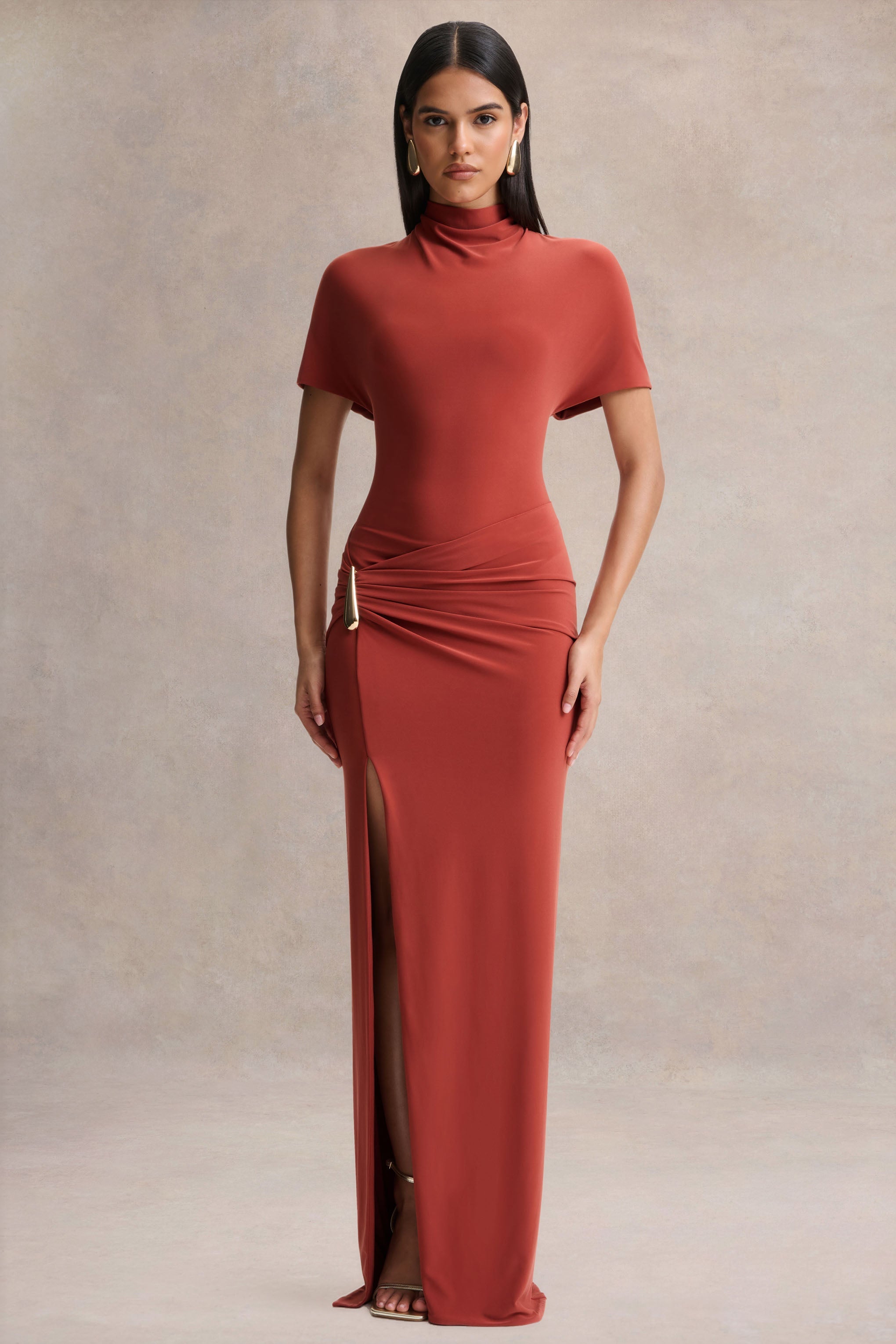 Arlena | Rust High-Neck Wrapped Maxi Dress