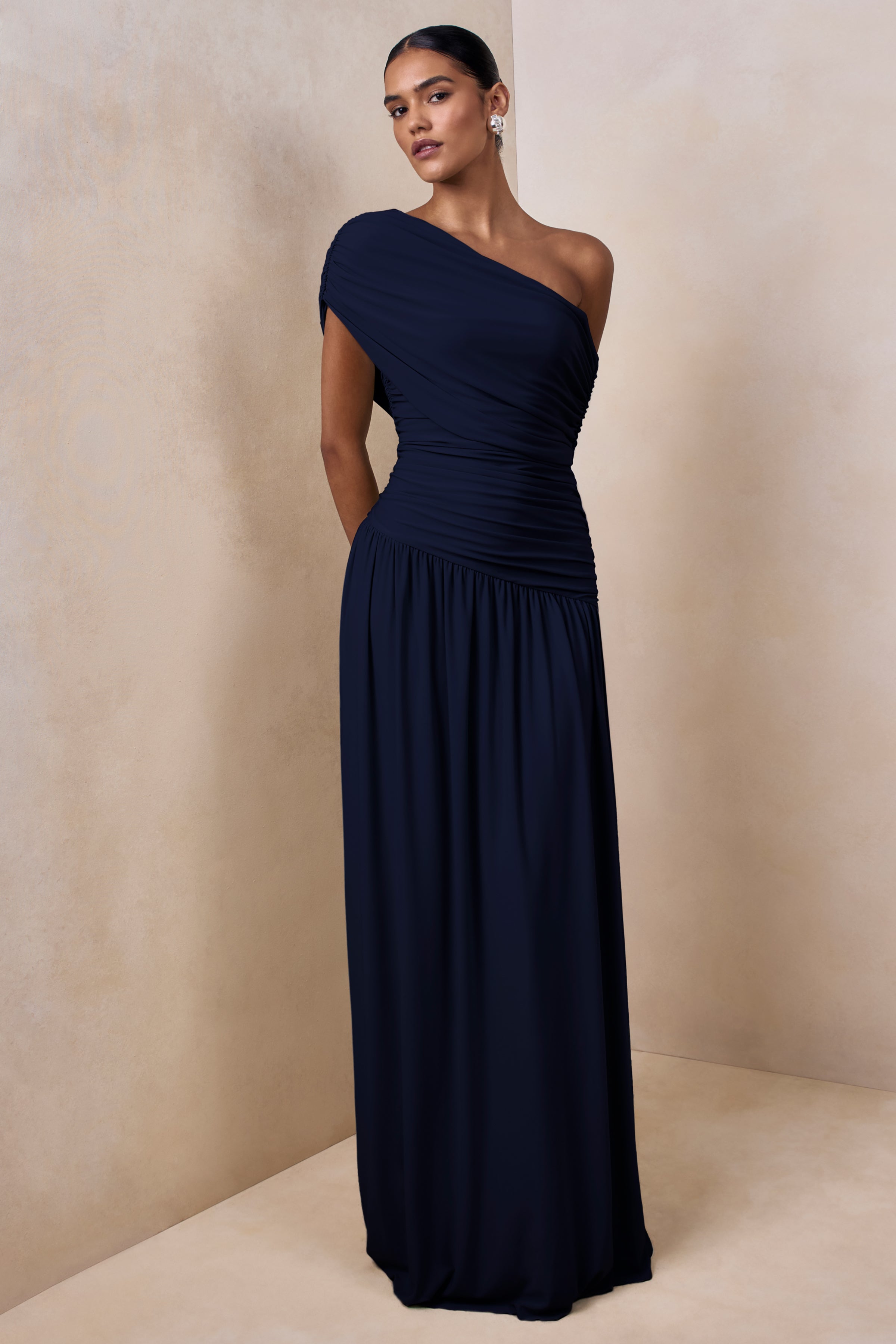 Emberly | Navy Draped Asymmetric-Neck Maxi Dress With Drop-Waist