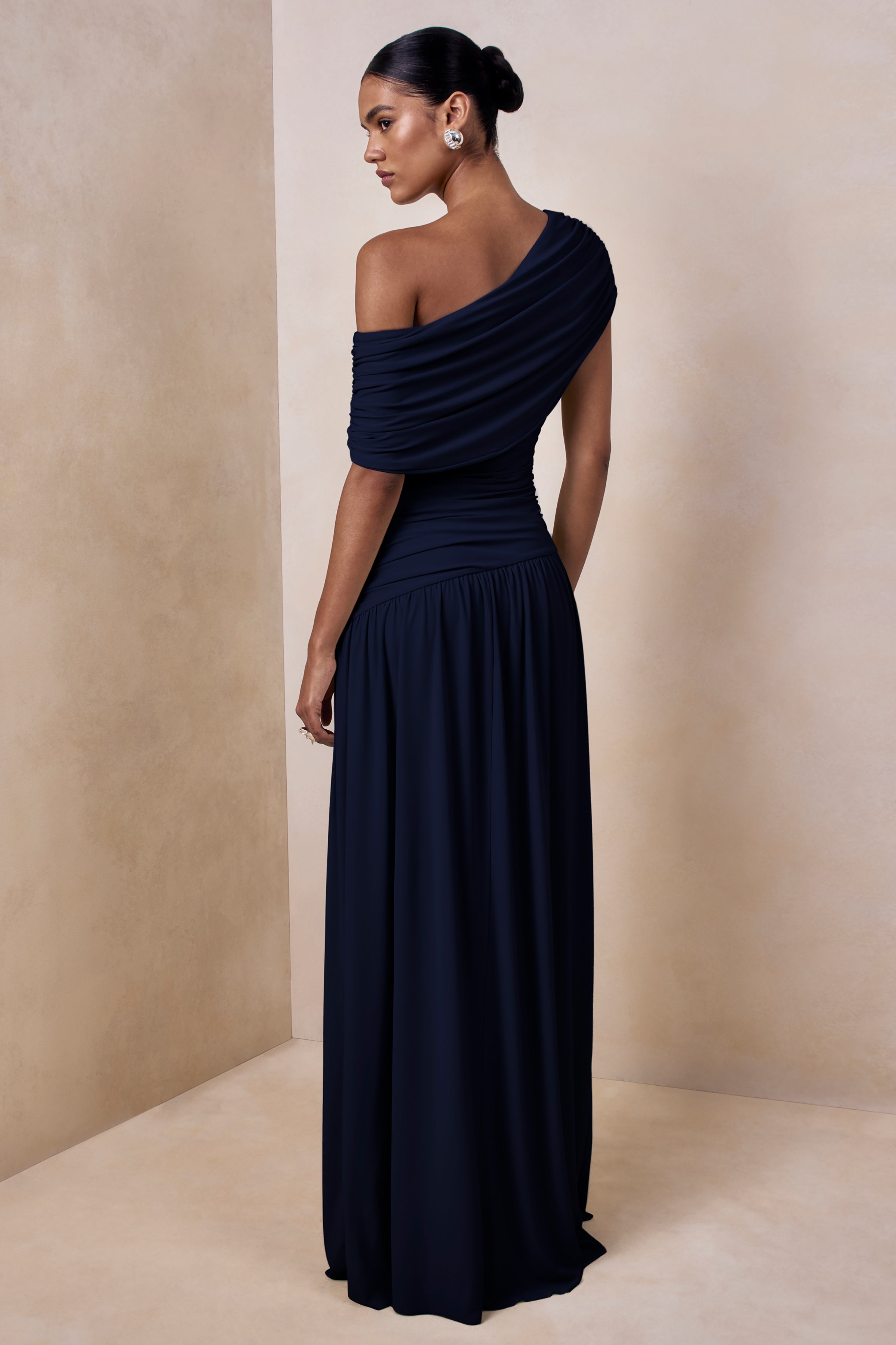 Emberly | Navy Draped Asymmetric-Neck Maxi Dress With Drop-Waist