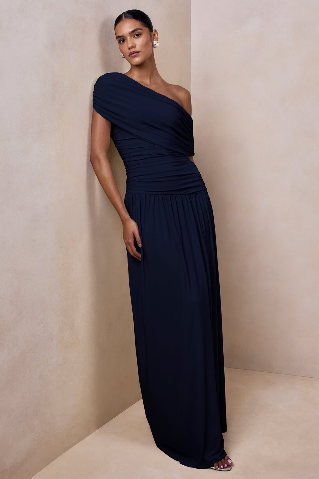 Emberly | Navy Draped Asymmetric-Neck Maxi Dress With Drop-Waist