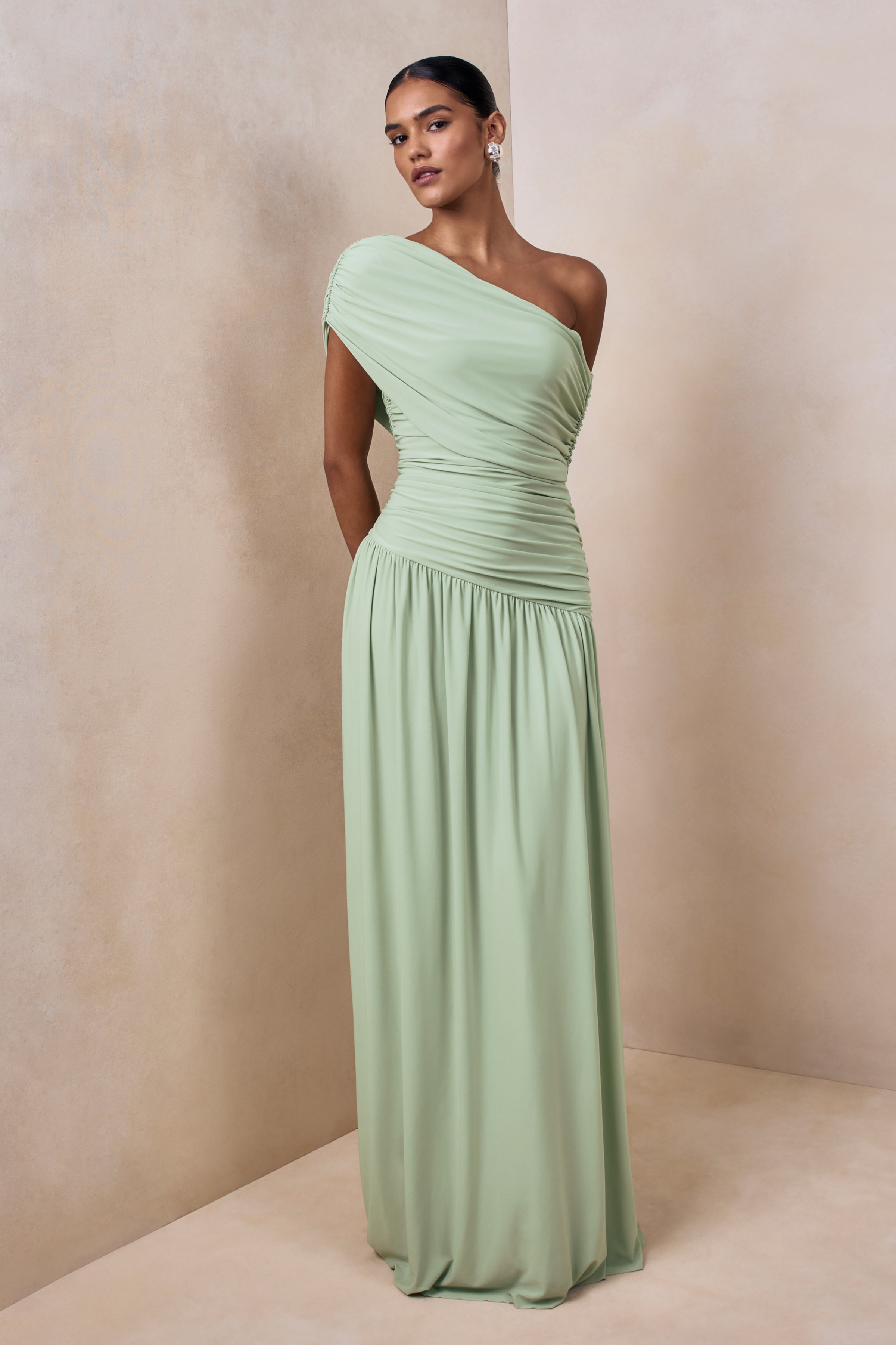 Emberly | Green Draped Asymmetric-Neck Maxi Dress With Drop-Waist