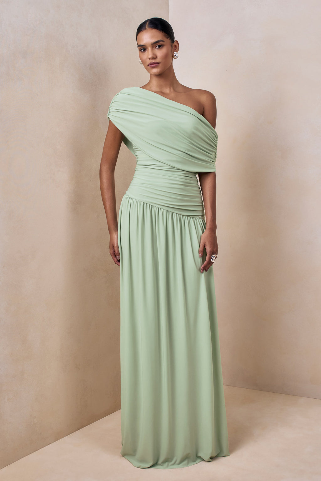 Emberly | Green Draped Asymmetric-Neck Maxi Dress With Drop-Waist