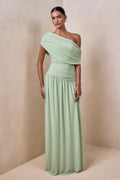 Emberly | Green Draped Asymmetric-Neck Maxi Dress With Drop-Waist