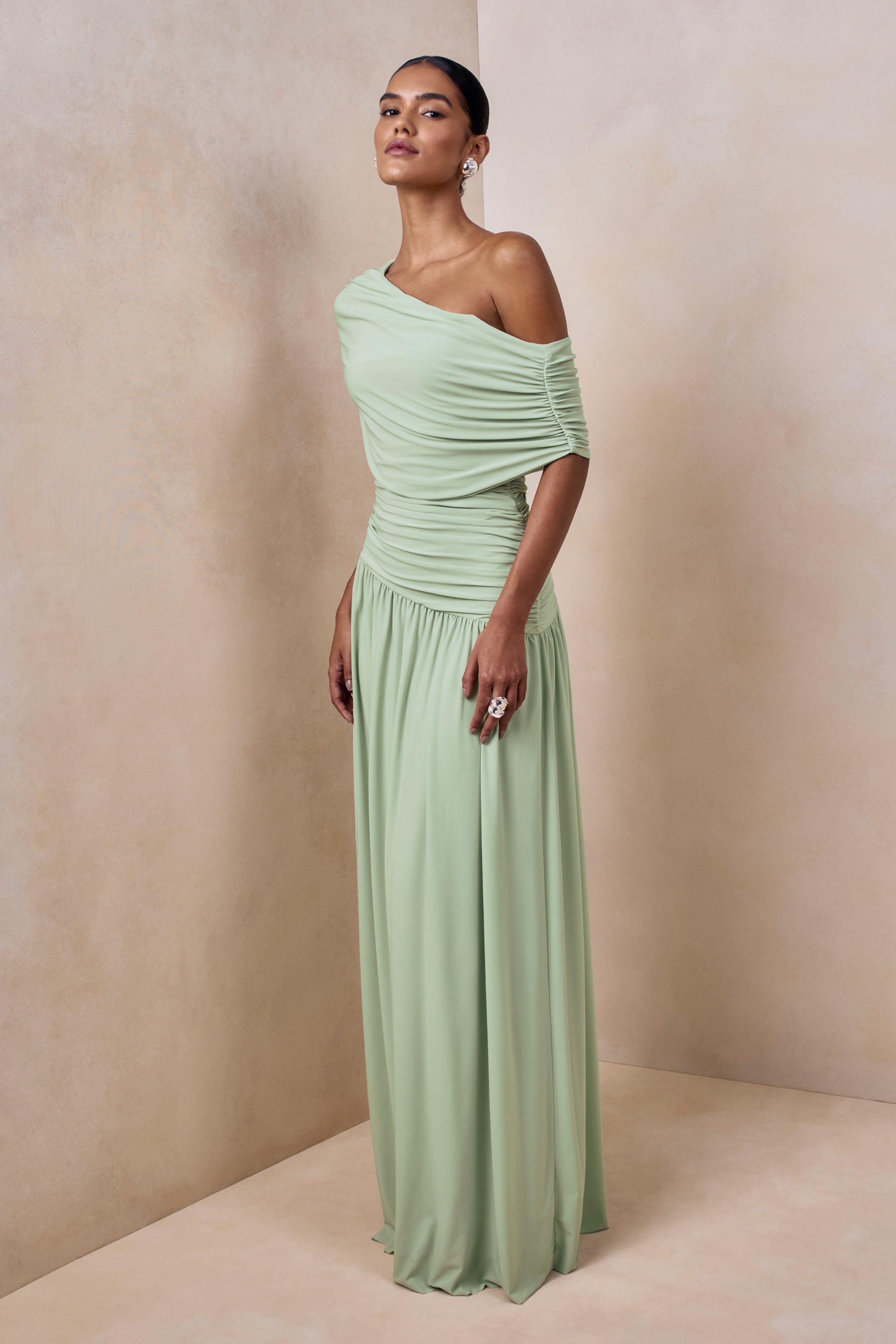 Emberly | Green Draped Asymmetric-Neck Maxi Dress With Drop-Waist